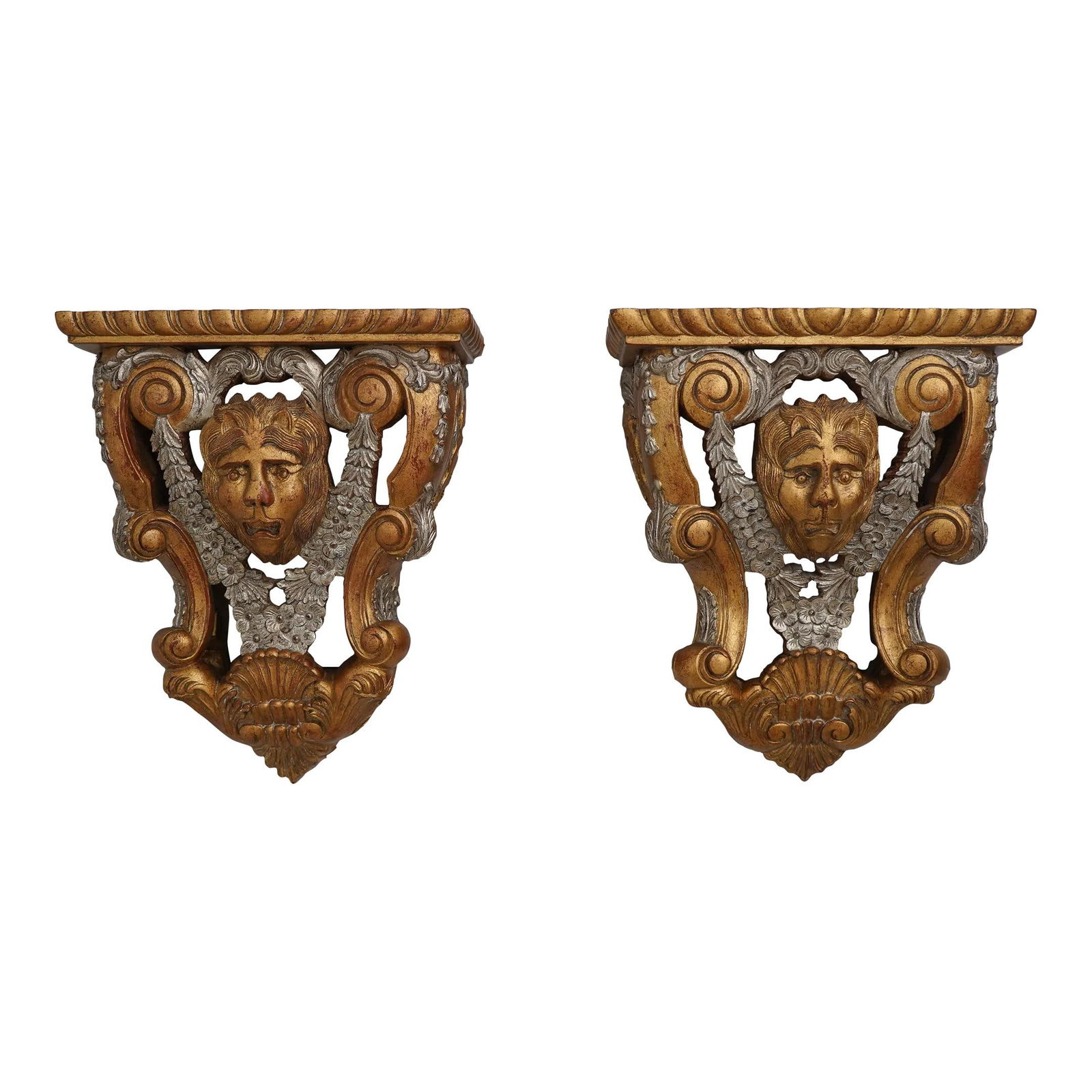 Maitland Smith Gold Gilt Carved Wall Sconce Shelves Pair: Maitland Smith Gold Gilt Carved Wall Sconce Shelves Pair This exquisite pair of Maitland Smith wall sconces features intricate carved details with silver highlights, embodying quality construction and