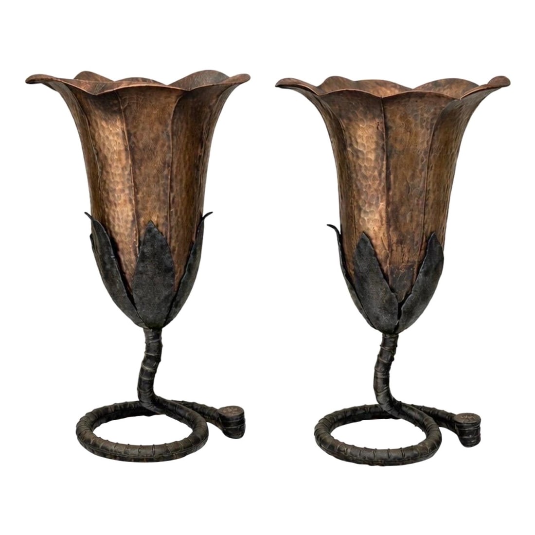 Pair of Modern French Forged Copper and Iron Sculptural Flower Vases 1960s: Pair of Modern French Forged Copper and Iron Sculptural Flower Vases 1960s This is a large pair of French modern sculptural flower vases, hand-forged in copper and iron, dating to the 1960s. Each vase