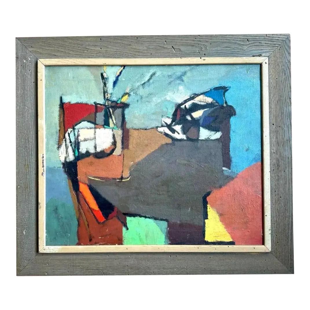 Vintage Abstract Oil Painting Mid-Century Cubist Canvas 30.5 x 26.5: Vintage Abstract Oil Painting Mid-Century Cubist Canvas 30.5 x 26.5 This vintage Boho abstract painting, an original oil on canvas, is a stunning representation of mid-century Cubist still life. The a