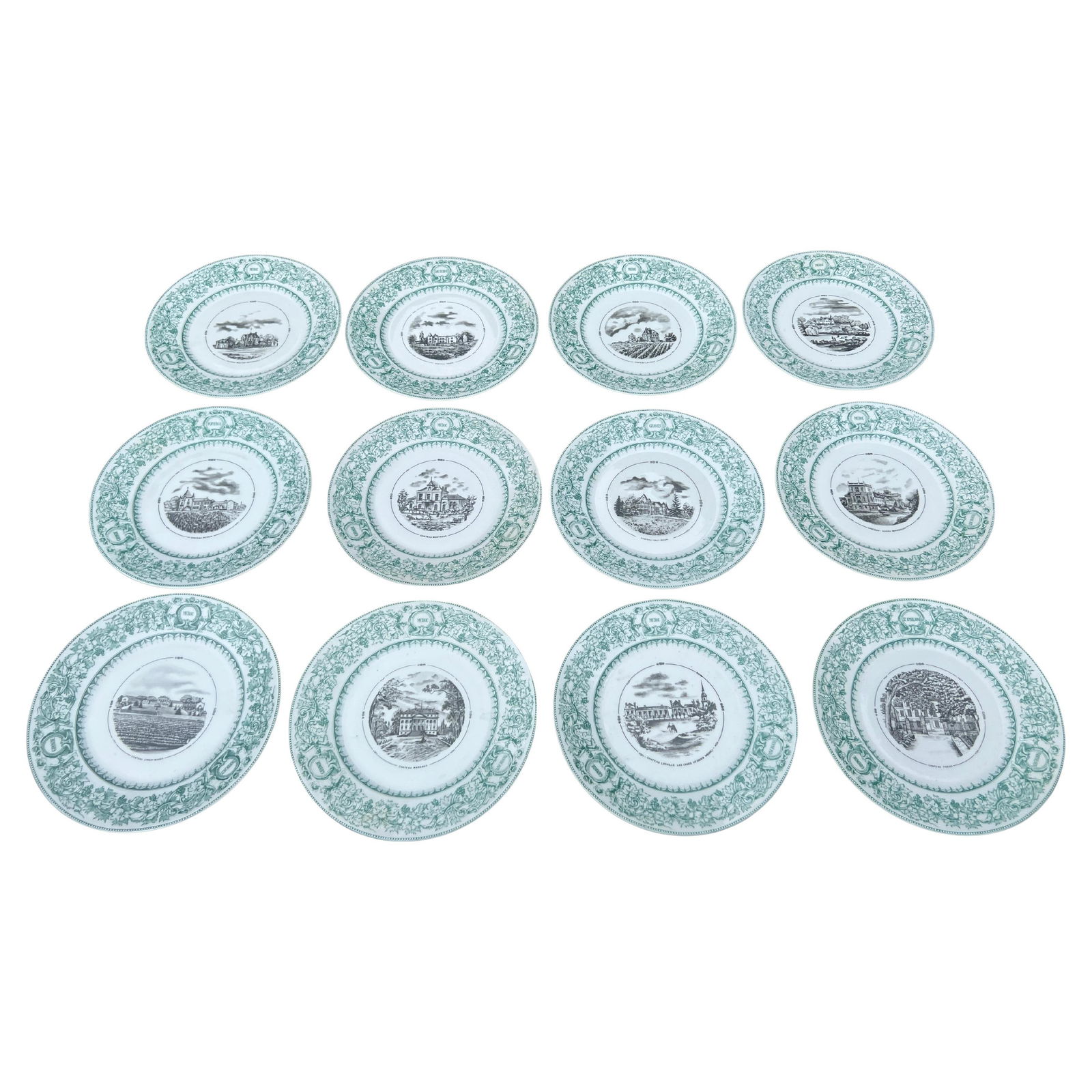 Set of 12 Limoges Porcelain Plates with French Chateau Scenes: Set of 12 Limoges Porcelain Plates with French Chateau Scenes Set of 12 porcelain plates from J Vieillard and David Johnston Limoges, each measuring 8.75 inches in diameter. The plates are adorned wit