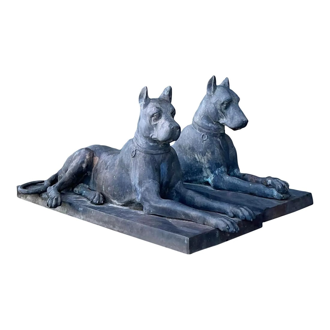 Pair of French Patinated Bronze Great Dane Dog Sculptures in Boho Style: Pair of French Patinated Bronze Great Dane Dog Sculptures in Boho Style This pair of monumental patinated bronze statues depicts reclining Great Danes, exemplifying the French animalier tradition with