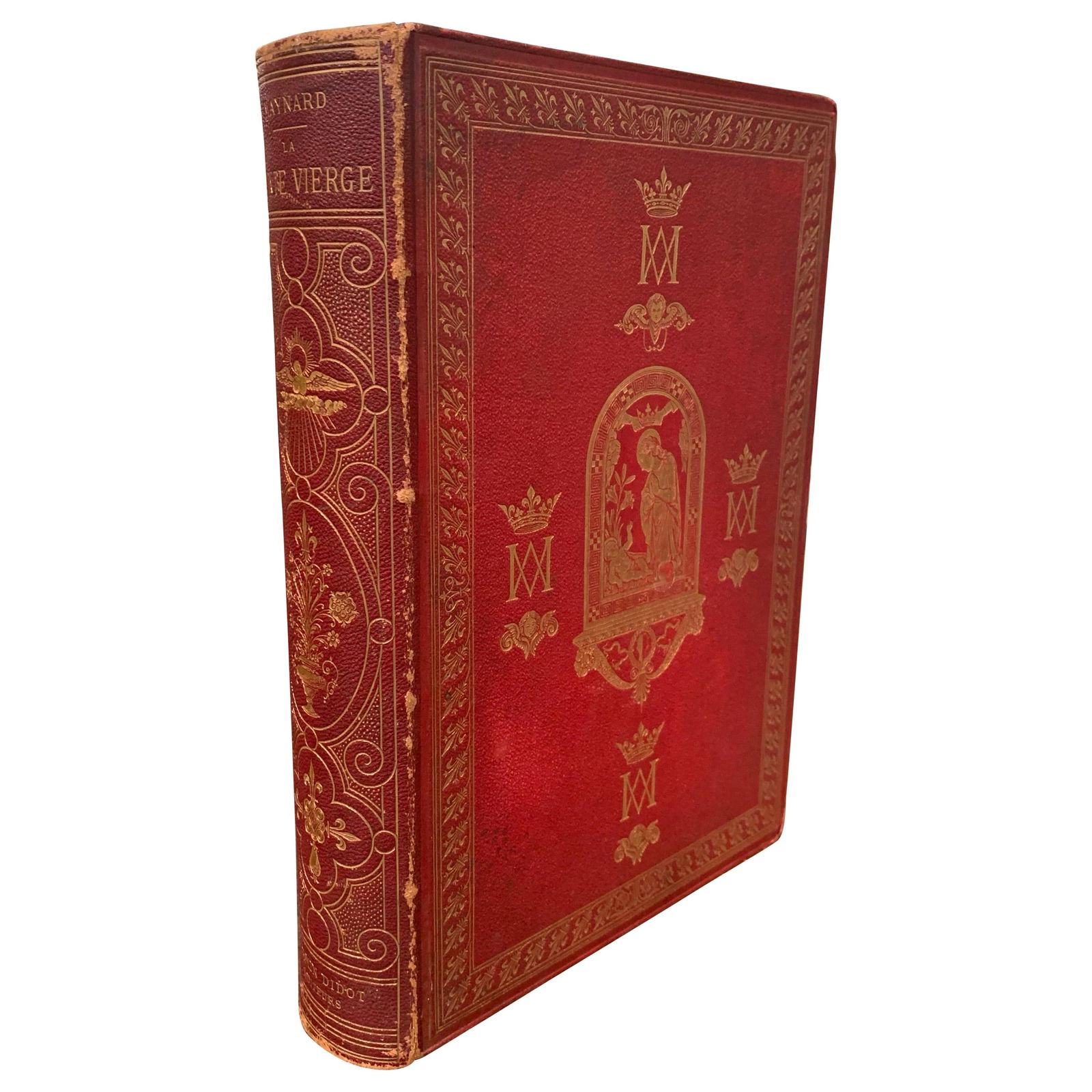 19th Century French Devotional Book La Sainte Vierge with Gilt and Leather Binding: 19th Century French Devotional Book La Sainte Vierge with Gilt and Leather Binding This exquisite 19th-century French devotional book, titled La Sainte Vierge, showcases the life of the Virgin Mary th