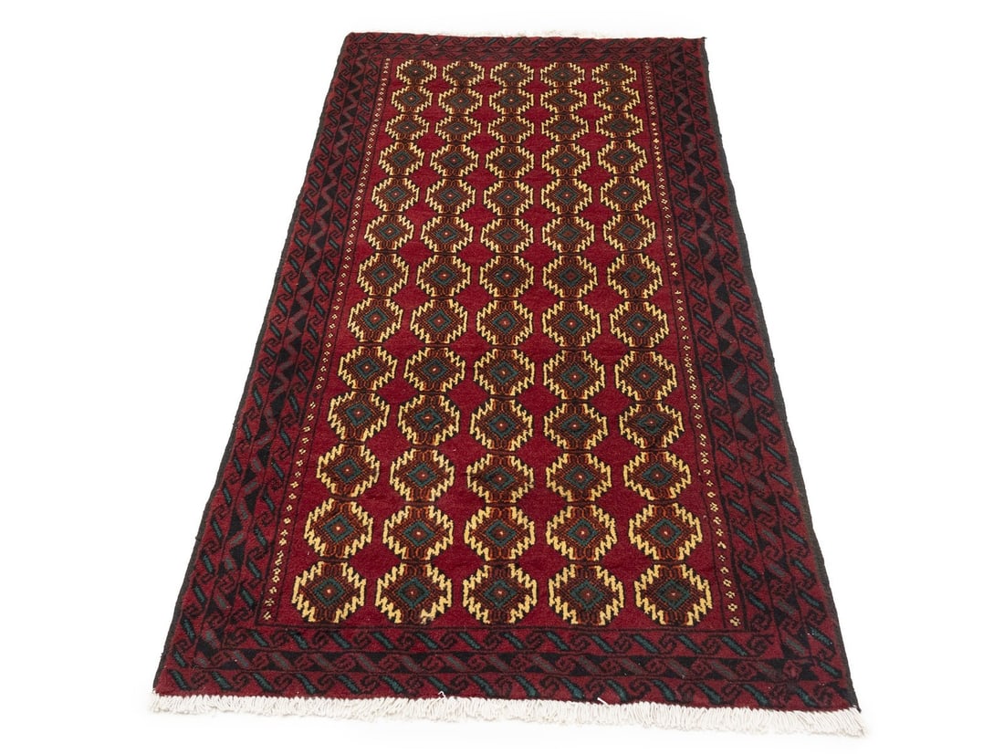 Vintage Tribal Wool Rug 3'3 x 6'4 Handmade Area Carpet Geometric Pattern: Vintage Tribal Wool Rug 3'3 x 6'4 Handmade Area Carpet Geometric Pattern This antique handmade Oriental rug features an allover tribal geometric design in shades of red, cream, orange, charcoal, and t