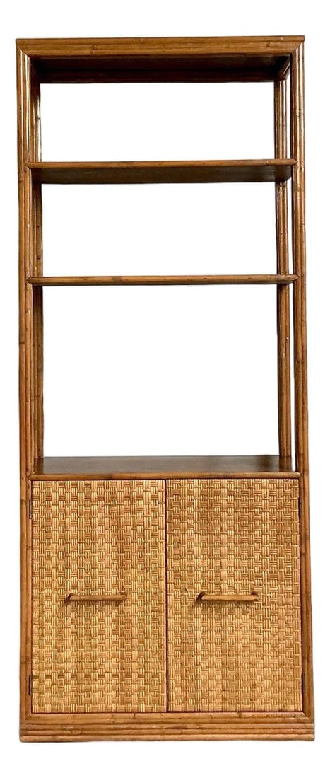 Tall Rattan Etagere With Cabinet Storage Boho Mid Century Modern Shelving Unit: Tall Rattan Etagere With Cabinet Storage Boho Mid Century Modern Shelving Unit This vintage rattan etagere showcases classic Mid-Century Modern style with a Boho and tropical flair. The tall open shel