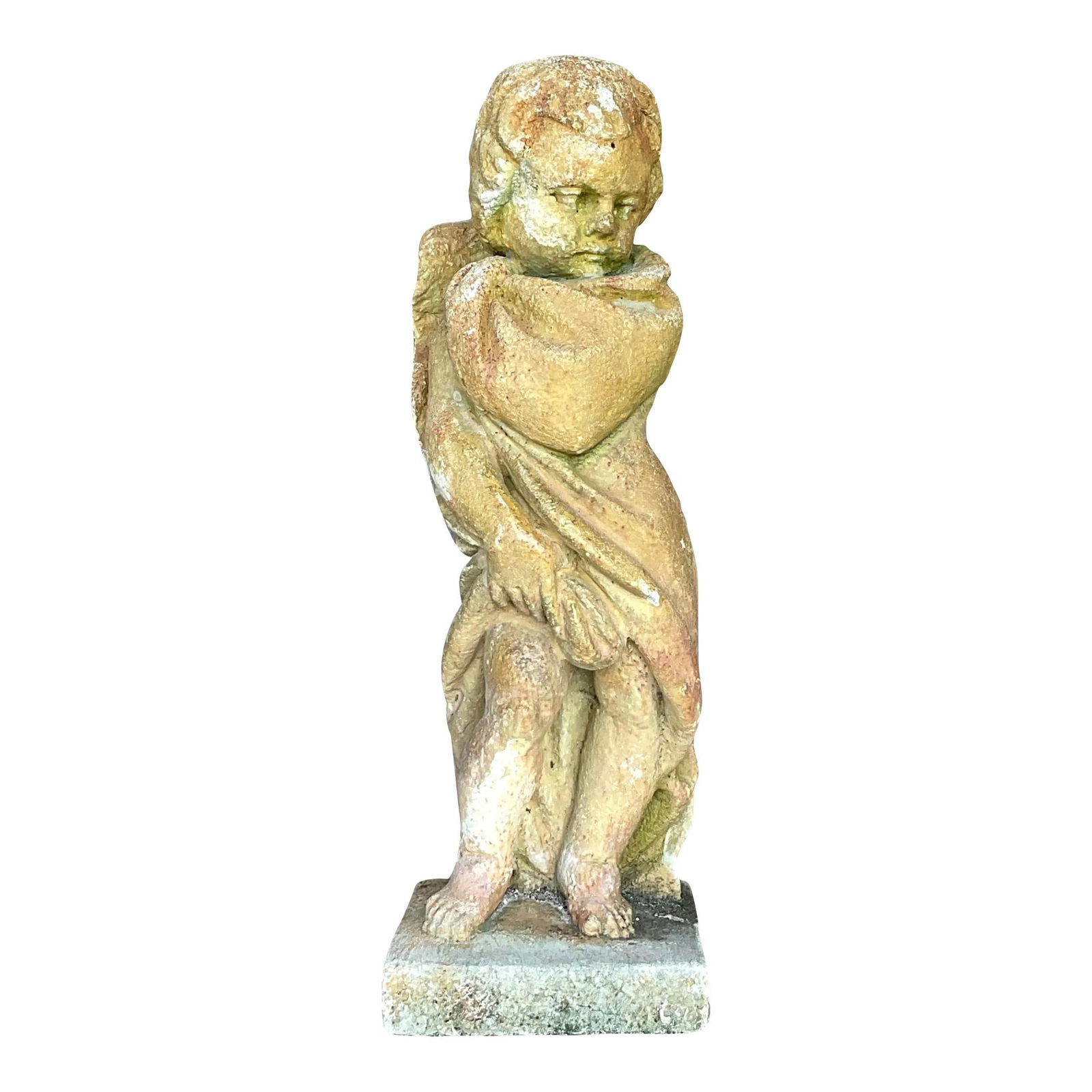 Vintage Boho Patinated Concrete Putti Angel Statue 18.25 in: Vintage Boho Patinated Concrete Putti Angel Statue 18.25 in Enhance your home or garden decor with this exquisite Vintage Boho Patinated Cast Concrete Putti Angel Statue. Featuring a weathered finish
