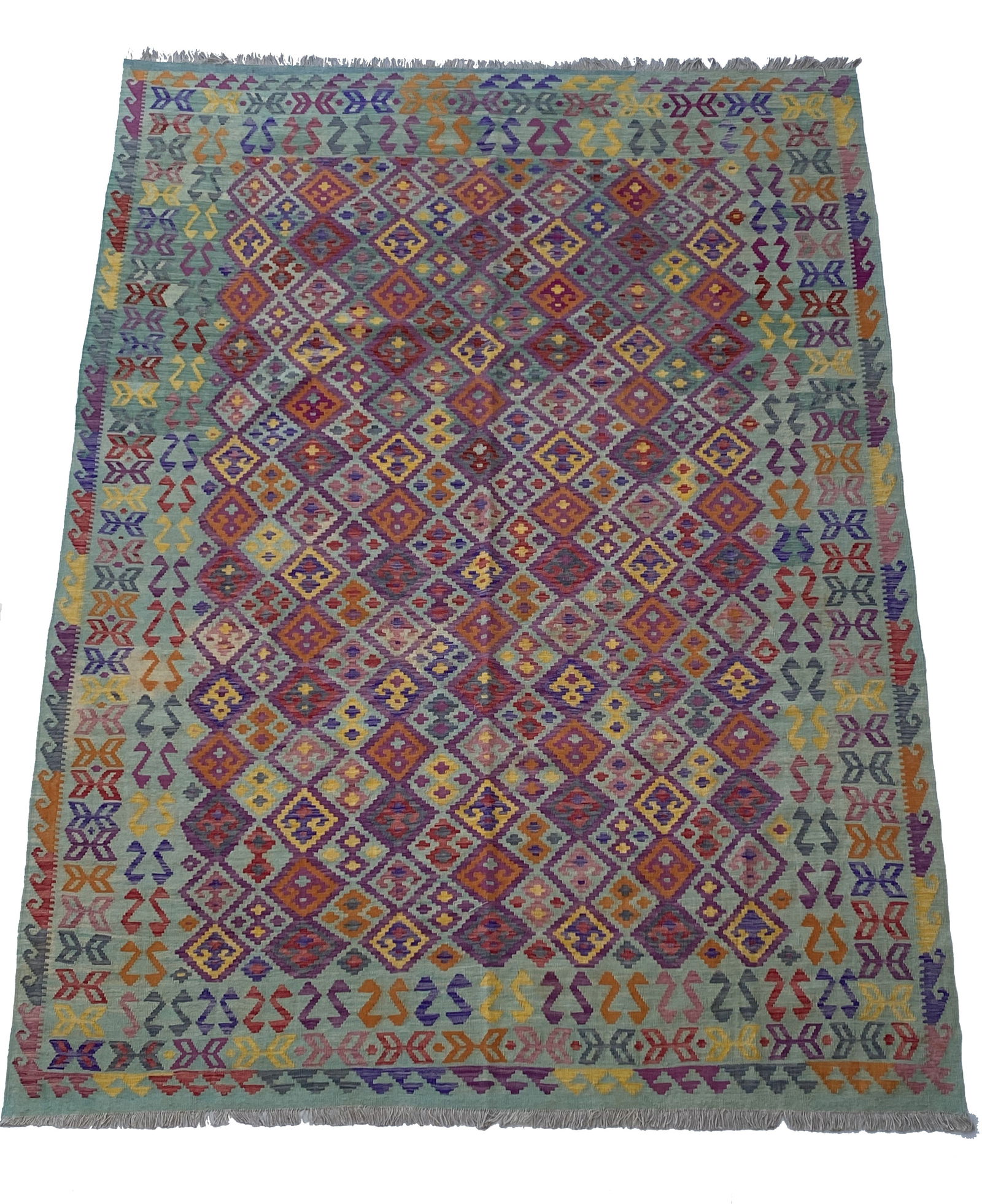 8 x 12 Handmade Multi-Color Tea Green Tribal Kilim Rug: 8 x 12 Handmade Multi-Color Tea Green Tribal Kilim Rug Free continental US Shipping Enhance your living space with the 8 x 12 Multi-Color Tea Green Kilim Rug, a stunning handwoven piece that combines