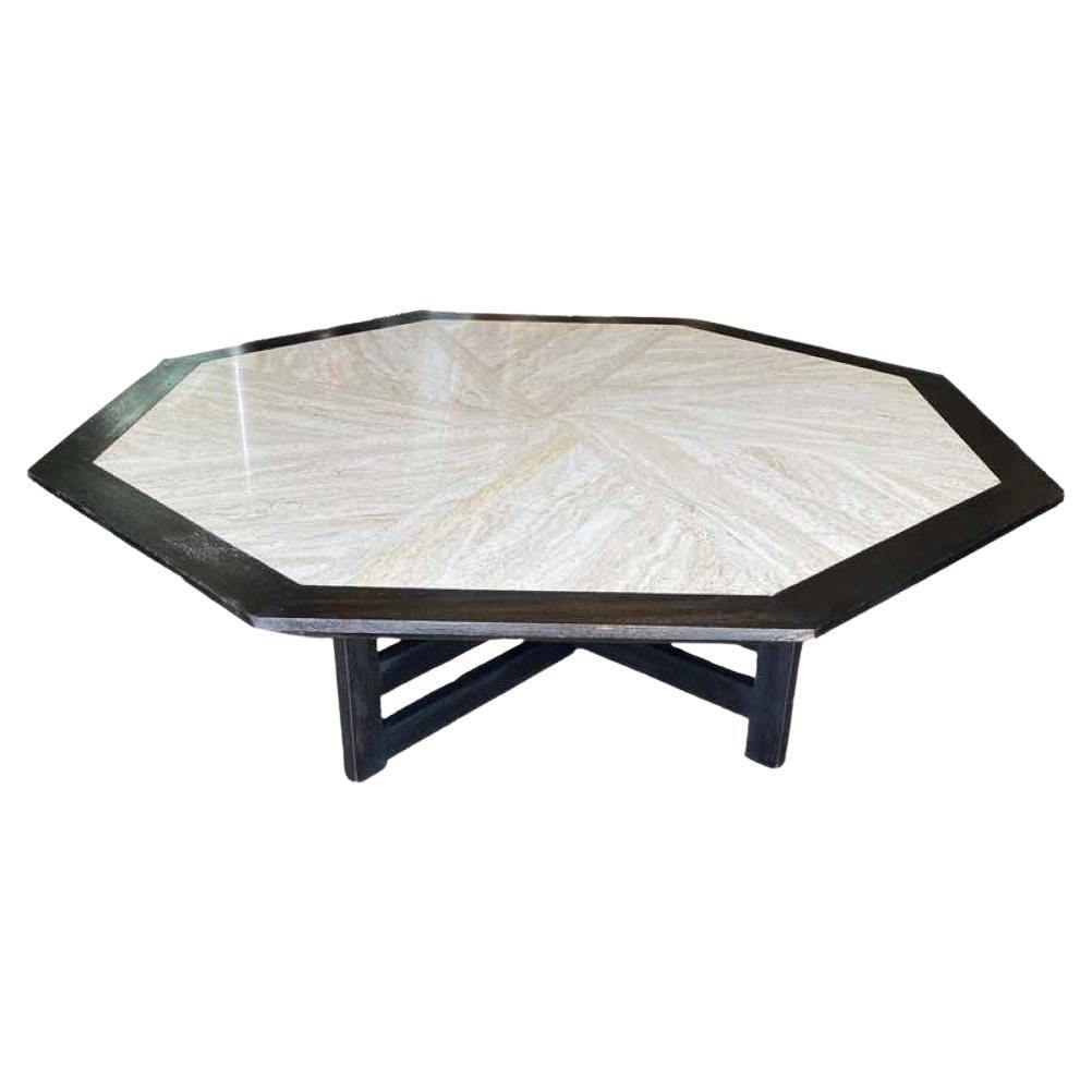 Mid-Century Modern Octagonal Coffee Table with Travertine Inlay and Ebonized Walnut: Mid-Century Modern Octagonal Coffee Table with Travertine Inlay and Ebonized Walnut This coffee table, designed by Harvey Probber in the 1950s, features an octagonal top with inlaid travertine triangl