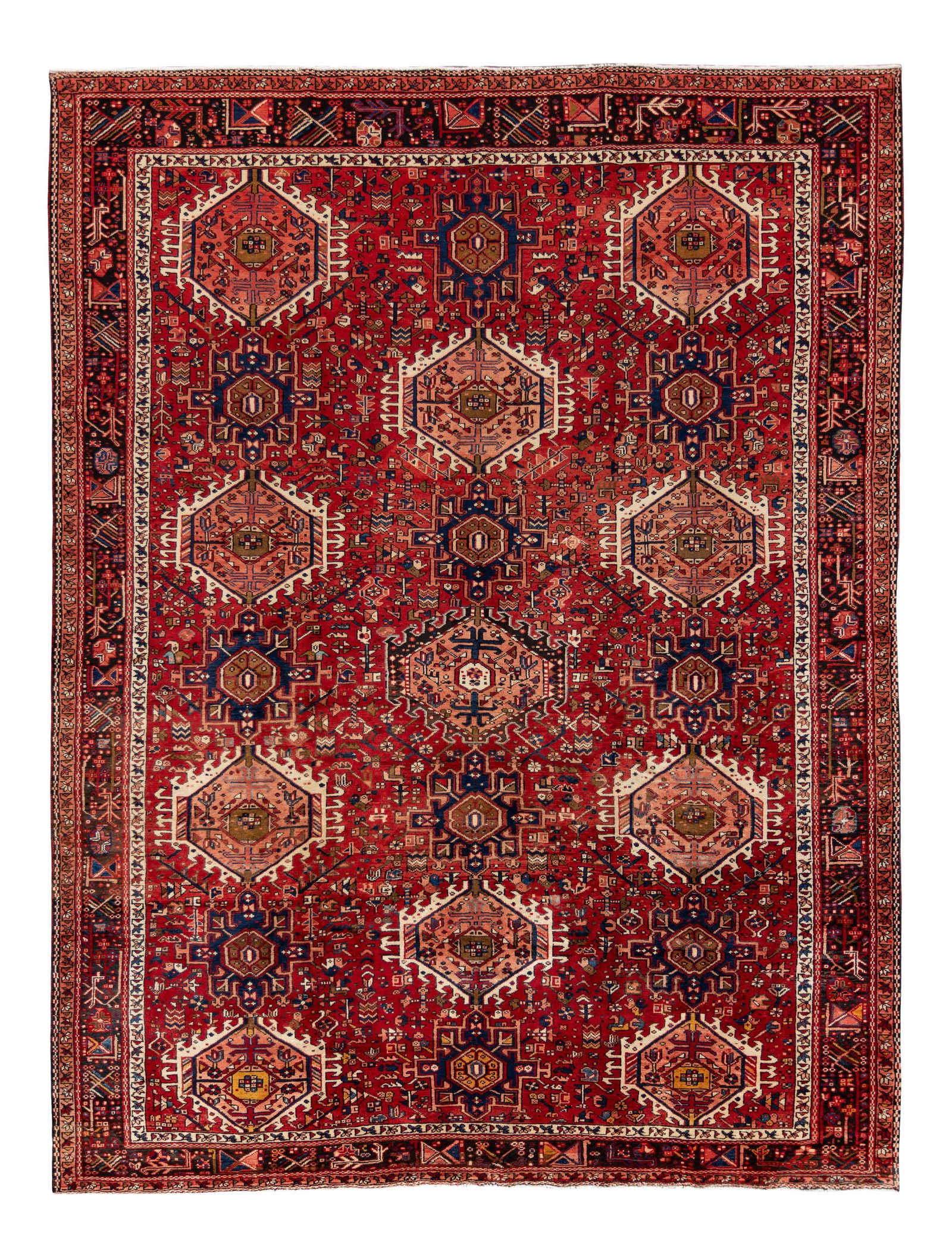 Vintage Persian Heriz Wool Rug 9'10 x 13' Red Blue Circa 1920: Vintage Persian Heriz Wool Rug 9'10 x 13' Red Blue Circa 1920 This stunning early 20th century Vintage Persian Heriz wool rug showcases exquisite craftsmanship with its hand-knotted construction. The