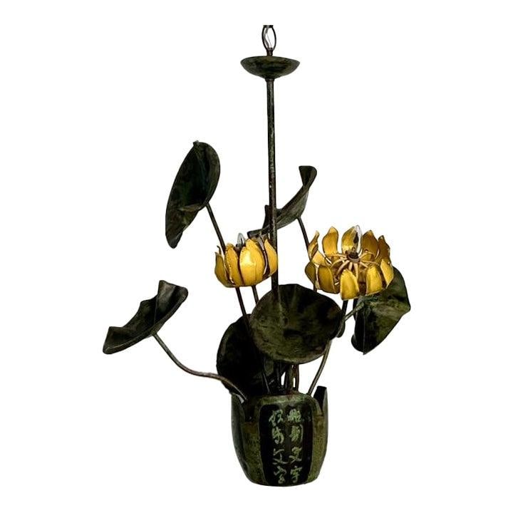 Hand-Painted Botanical Chandelier Attributed to Garland Faulkner Lotus Motif: Hand-Painted Botanical Chandelier Attributed to Garland Faulkner Lotus Motif This vintage chandelier, attributed to Garland Faulkner, features hand-painted metal crafted into vibrant yellow lotus blos