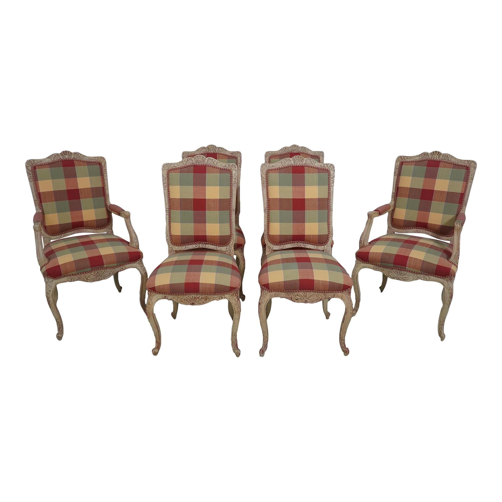 Set of 6 French Louis XV Style Dining Chairs with Plaid Upholstery: Set of 6 French Louis XV Style Dining Chairs with Plaid Upholstery This elegant set of 6 French Louis XV style dining chairs showcases exquisite craftsmanship with beautiful carved details. The chairs