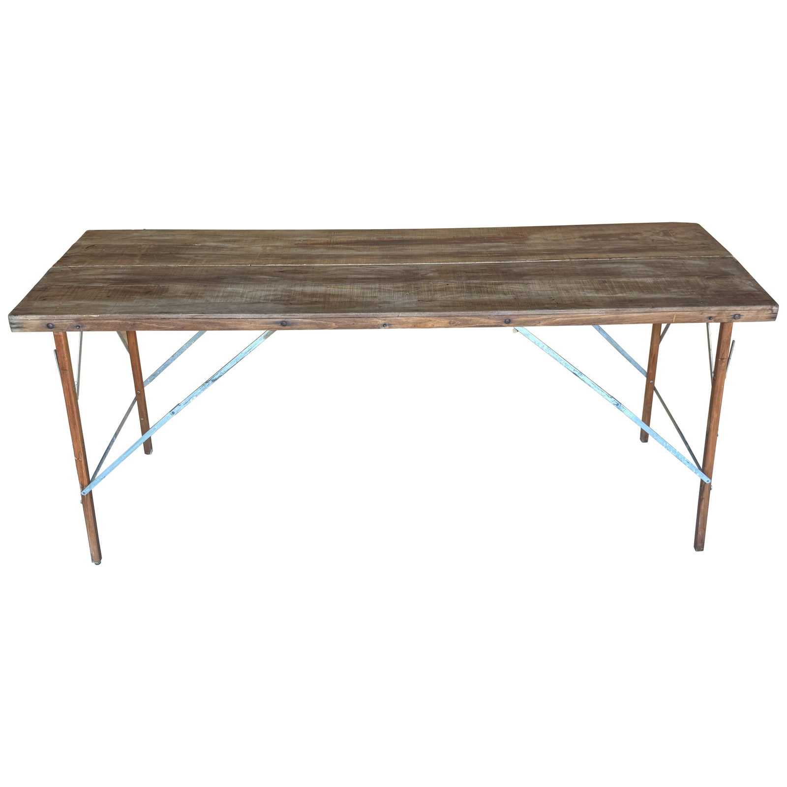 Antique French Industrial Campaign Folding Table Circa 1900 with Iron Bracing: Antique French Industrial Campaign Folding Table Circa 1900 with Iron Bracing Discover the Industrial Campaign-Style Folding Table, a stunning piece of early 20th-century French craftsmanship from the