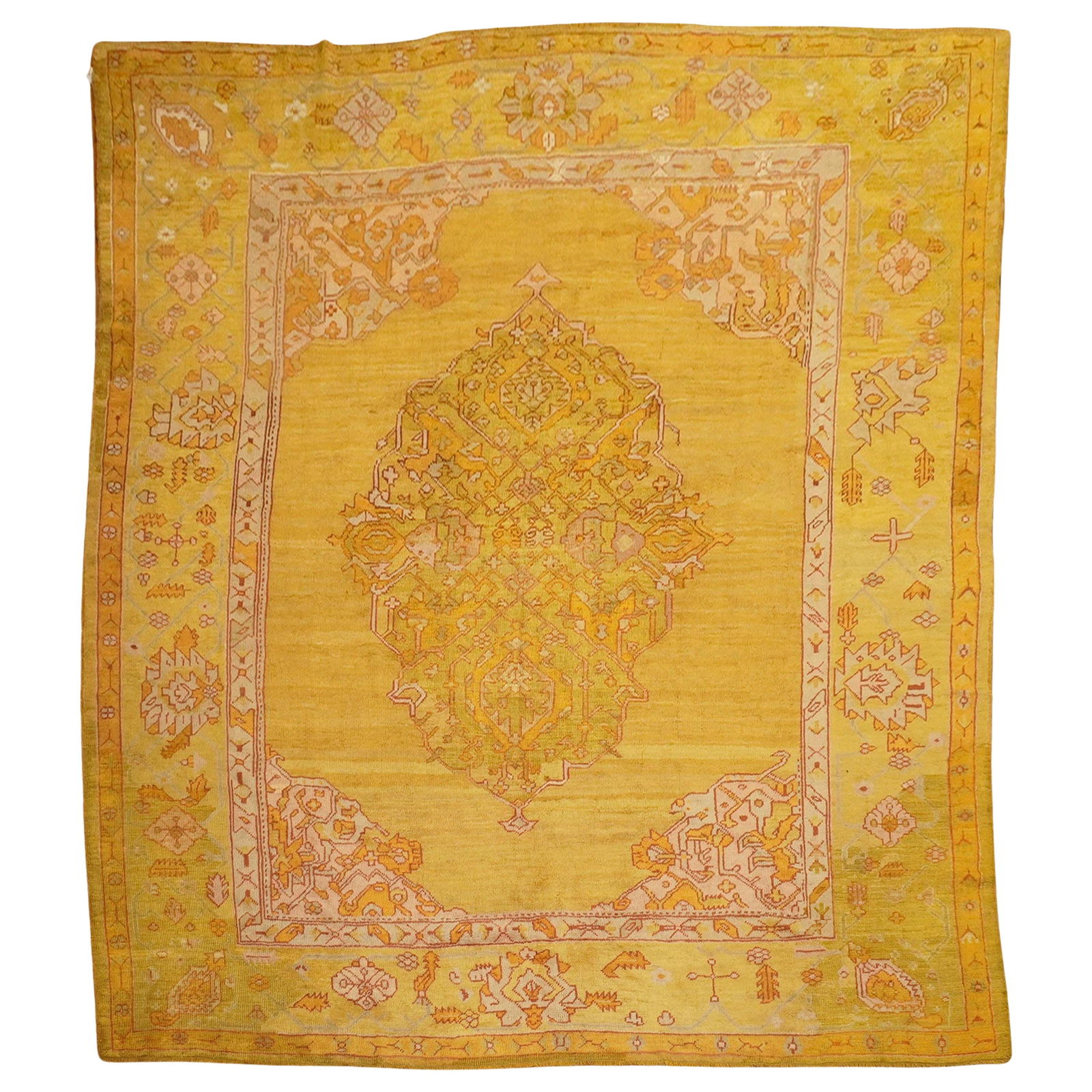 Antique Oushak Rug Gold Green Medallion Turkish 1910 Hand-Knotted 9'5 x 11'4: Antique Oushak Rug Gold Green Medallion Turkish 1910 Hand-Knotted 9'5 x 11'4 Explore the exquisite beauty of this early 20th-century Turkish Oushak rug, showcasing a striking medallion and intricate b