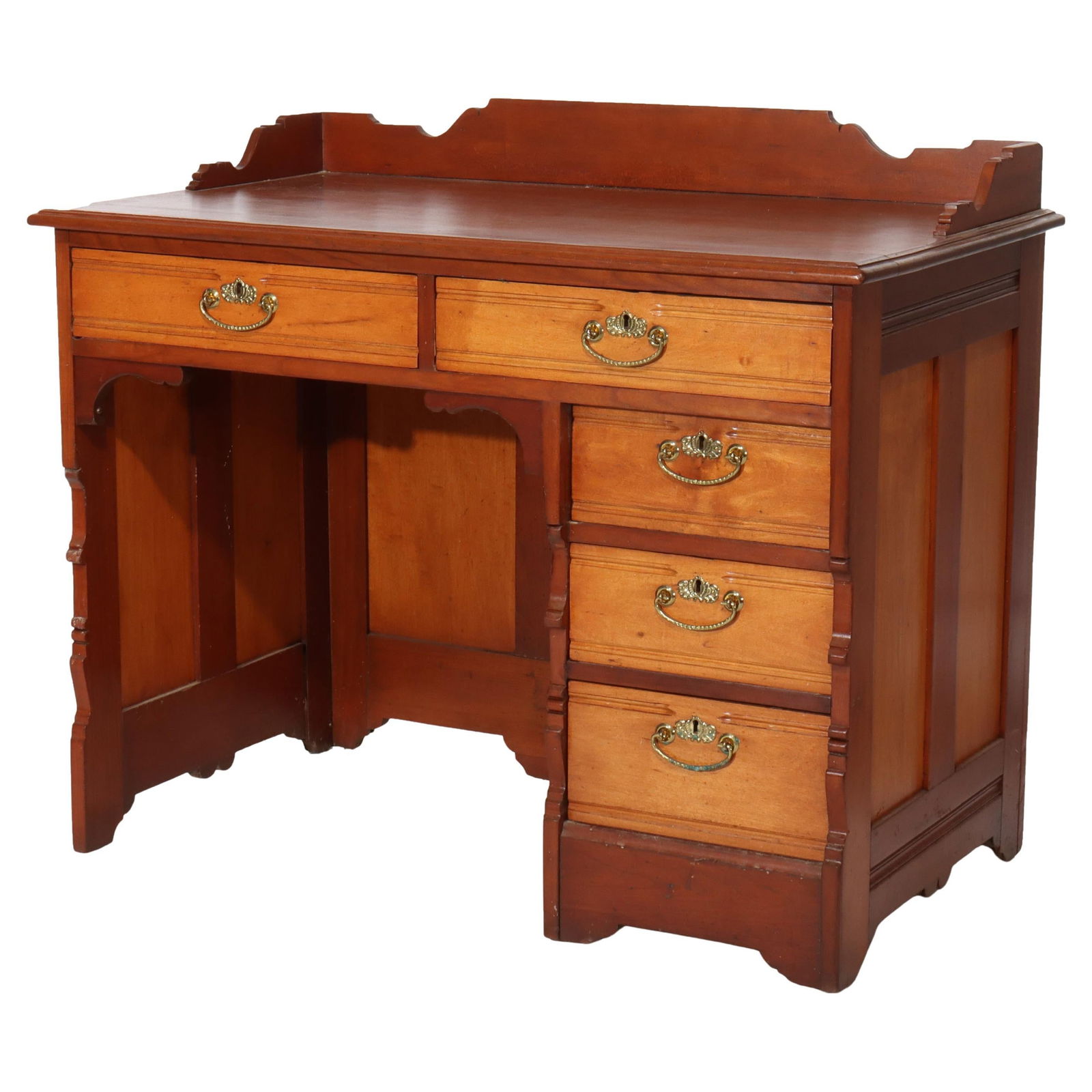 Antique Cherry Wood Desk C1910 Single Pedestal with 5 Drawers (1 of 5)
