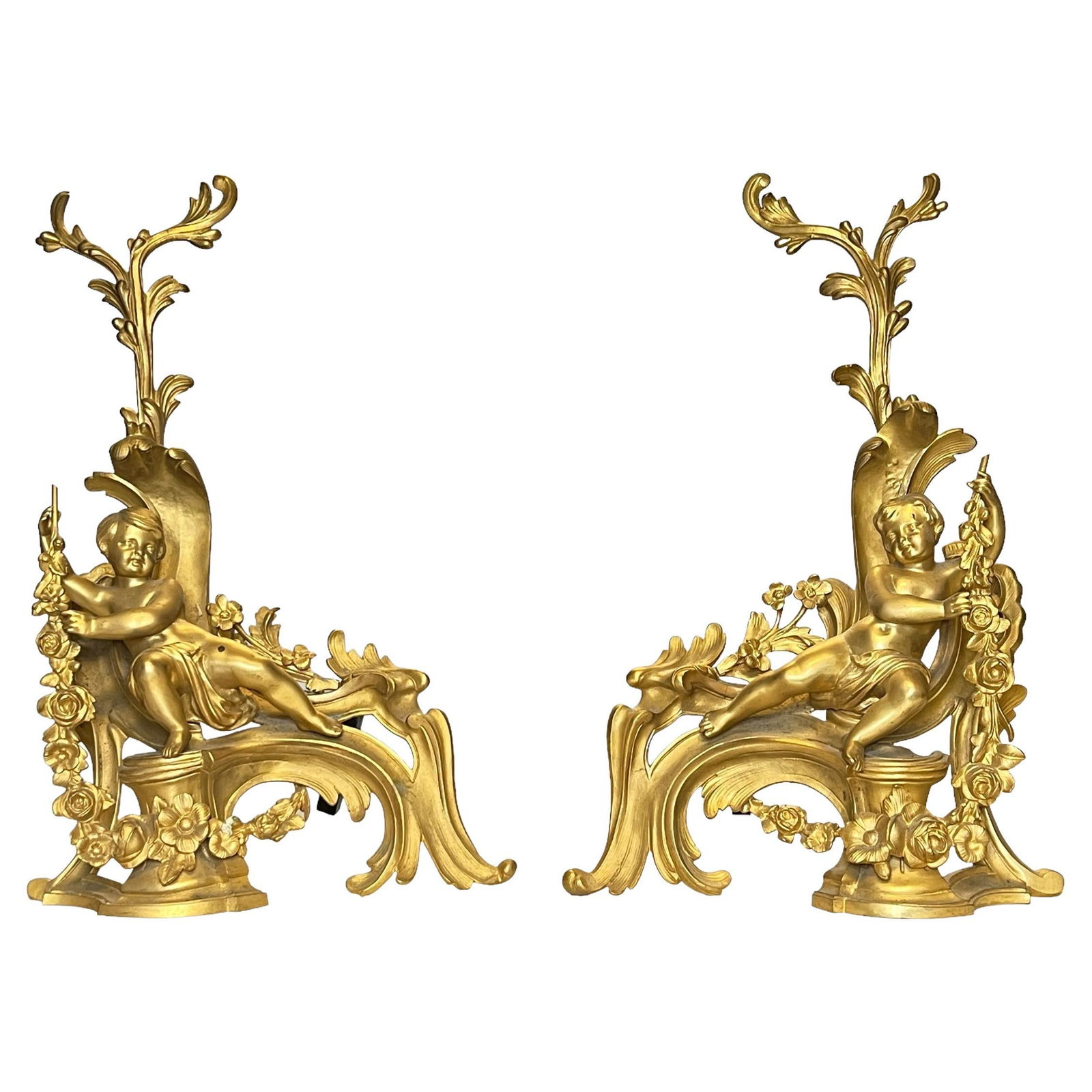 Set of Two Louis XVI Style Gilt Bronze Cherub Figural Andirons 19th Century (1 of 18)