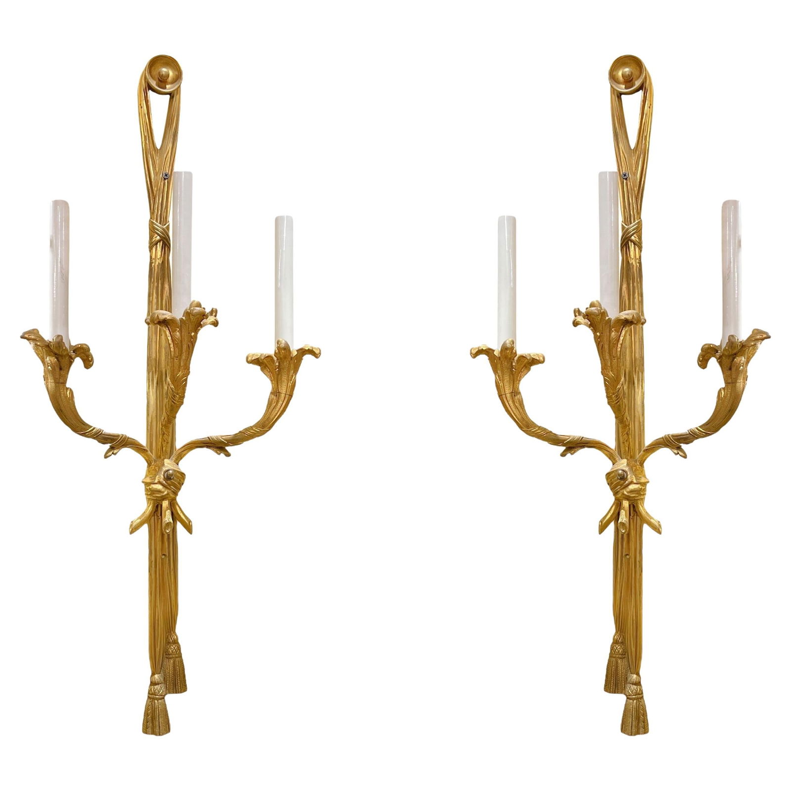 Set of 2 Gilt Bronze French Ribbon and Tassel Wall Sconces Three-Light (1 of 8)