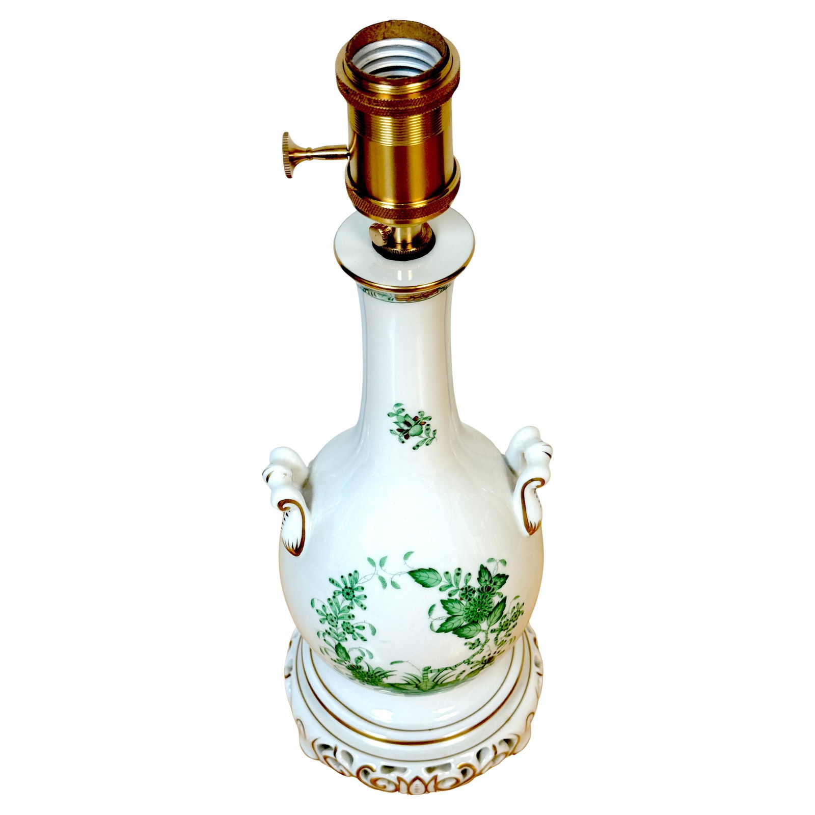 Herend Chinese Bouquet Green Porcelain Table Lamp with Brass Fittings: Herend Chinese Bouquet Green Porcelain Table Lamp with Brass Fittings Illuminate your space with this exquisite Herend Porcelain 'Chinese Bouquet - Green' Table Lamp, a stunning example of 20th-centur
