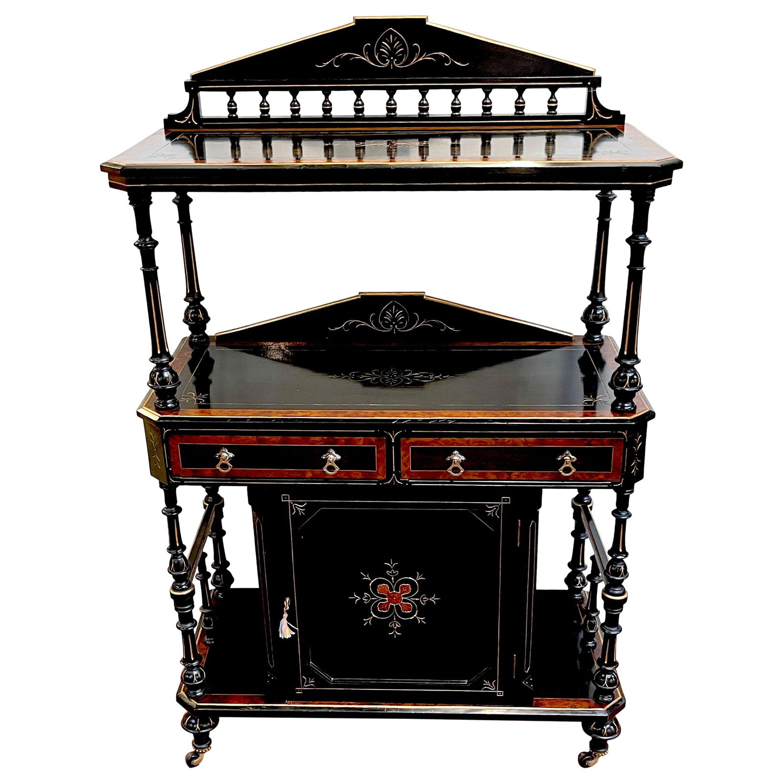 19th Century High Victorian Burl Ebonized Gilt 3 Tier Cabinet Dry Bar USA (1 of 18)