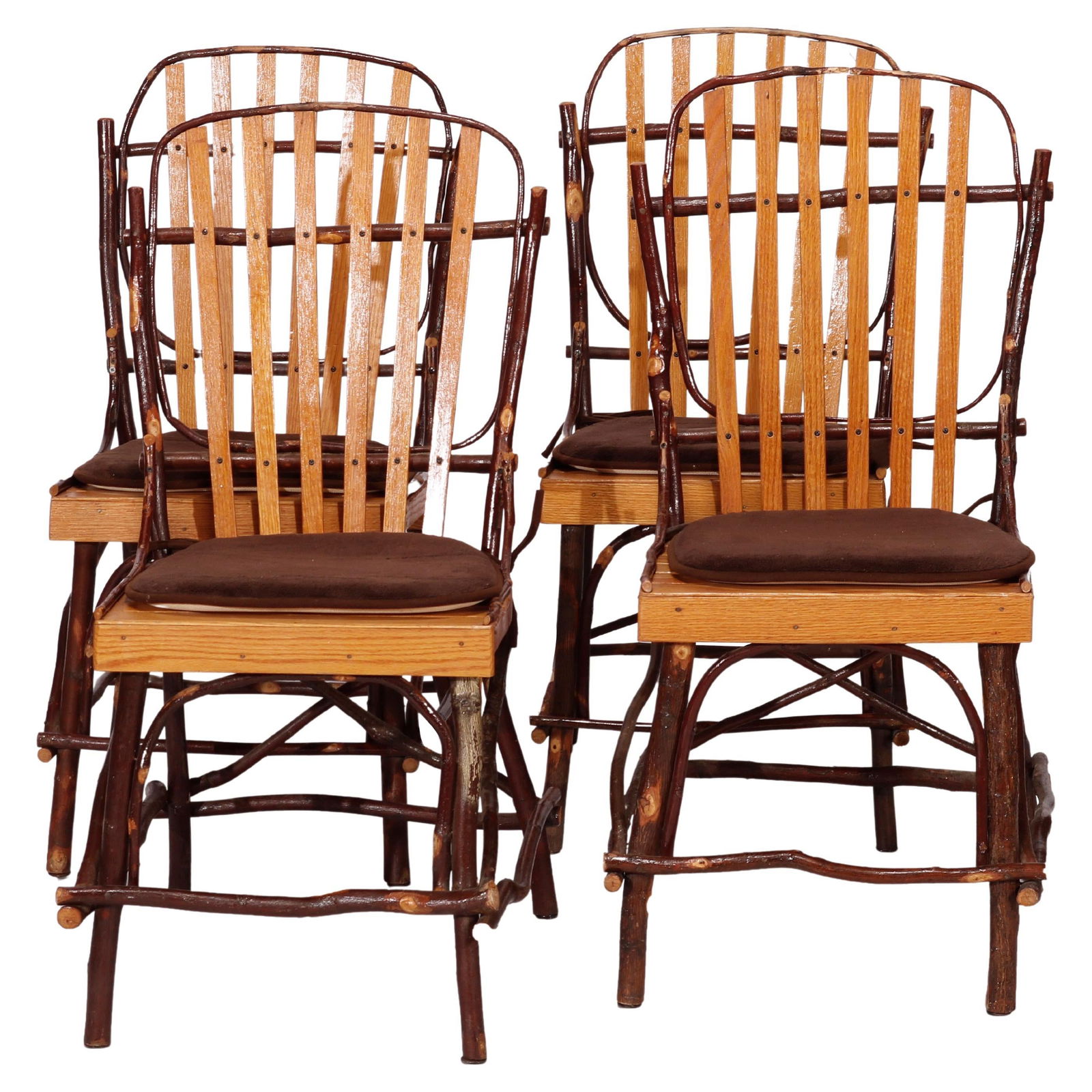 Set of 4 Rustic Adirondack Wood Dining Chairs: Set of 4 Rustic Adirondack Wood Dining Chairs This set of four Adirondack side chairs, crafted in the Old Hickory style, showcases a charming rustic design, making them perfect for both indoor and out