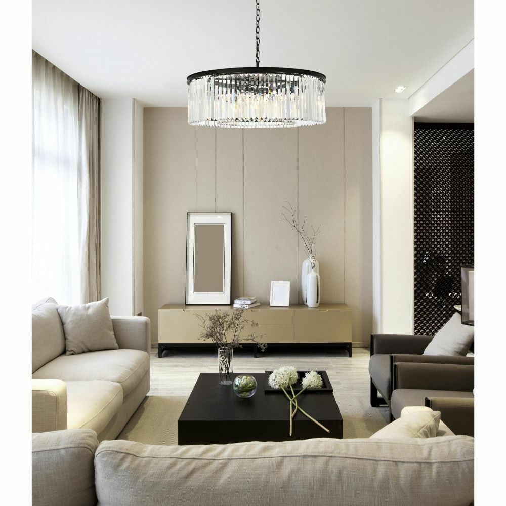 Sydney 10-Light Matte Black Crystal Chandelier 43.5 Inch: Sydney 10-Light Matte Black Crystal Chandelier 43.5 Inch Elevate your space with this stunning 10-light crystal chandelier, featuring a sleek matte black finish that complements any modern decor. Meas