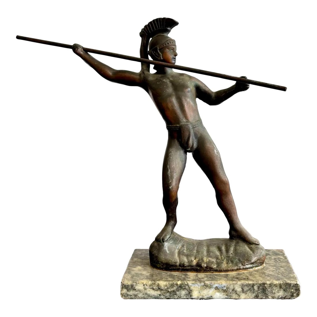 Vintage Bronze Gladiator Statue on Marble Base 13.5" Tall: Vintage Bronze Gladiator Statue on Marble Base 13.5" Tall This vintage bronze-toned statue depicts a classical warrior poised in the moment before hurling his spear. Clad in a crested Corinthian helme