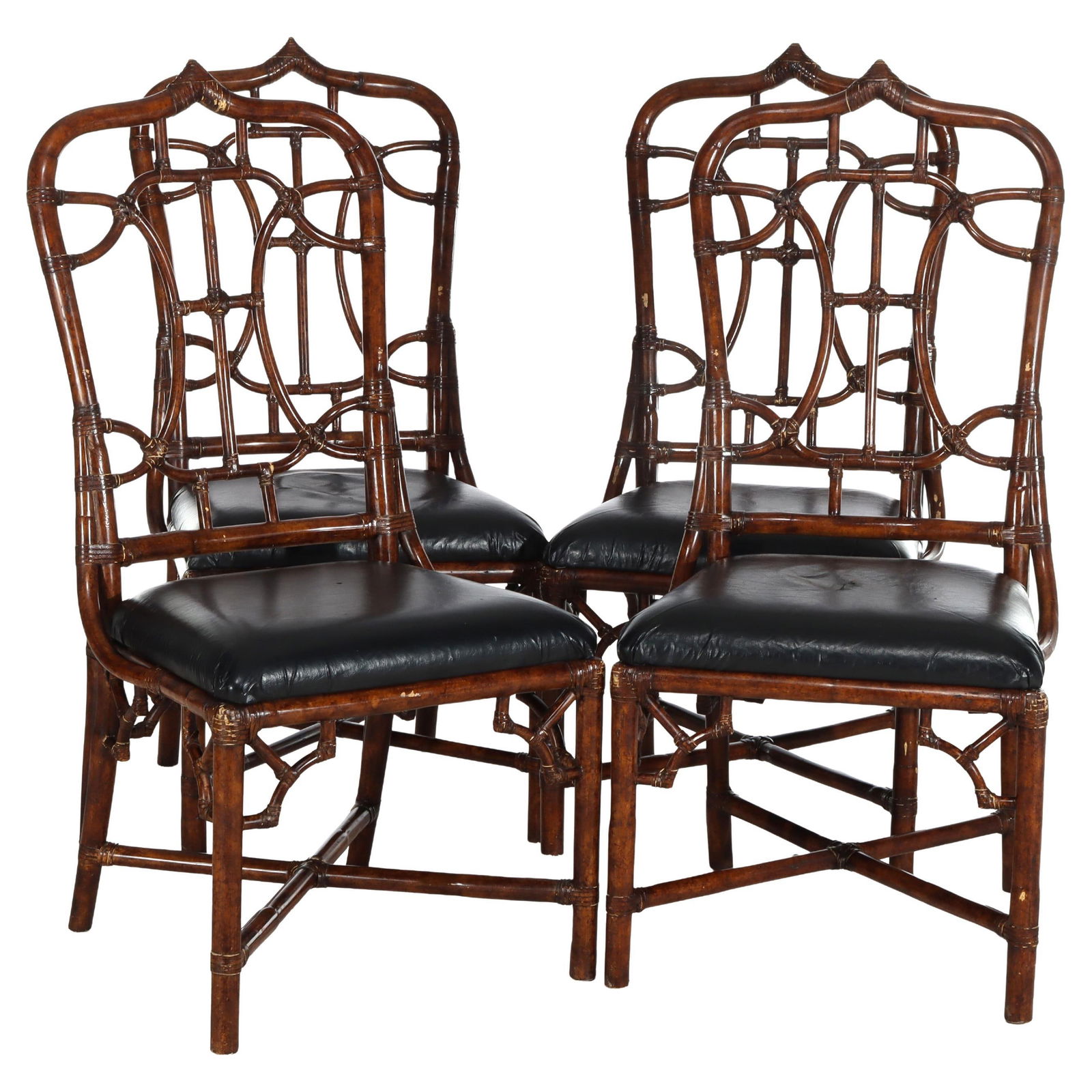 Set of 4 Mid-Century Faux Bamboo Wood Dining Chairs: Set of 4 Mid-Century Faux Bamboo Wood Dining Chairs This set includes four vintage dining chairs from the mid-20th century, each featuring an exotic faux bamboo design. The wooden frames are skillfull