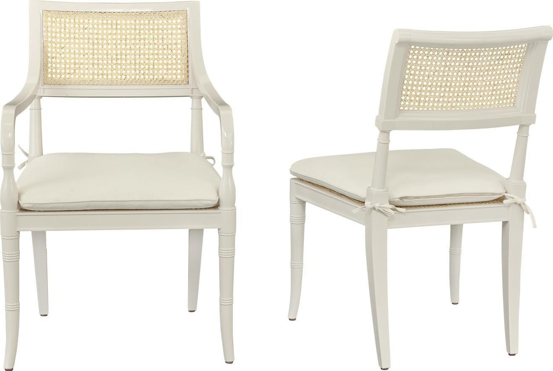 Port Eliot Regency Style White Lacquer Cane Back Dining Chair: Port Eliot Regency Style White Lacquer Cane Back Dining Chair Introducing the Elegant White Lacquer Dining Chair, a beautifully crafted piece embodying vintage charm. This side chair features a stunni