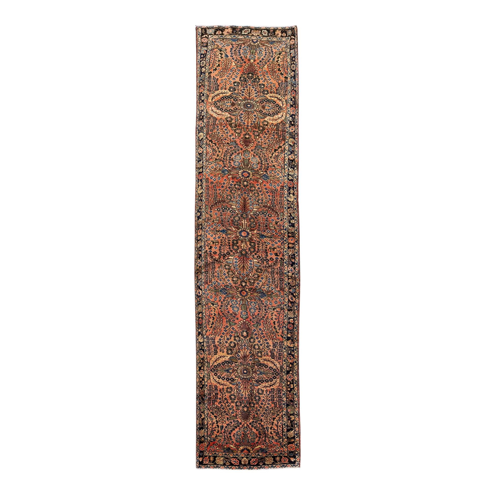 Vintage Persian Hamadan Peach Floral Wool Runner 2'8" x 11'09": Vintage Persian Hamadan Peach Floral Wool Runner 2'8" x 11'09" This exquisite vintage Persian Hamadan runner features a stunning peach field adorned with a vibrant all-over floral design. Hand-knotted