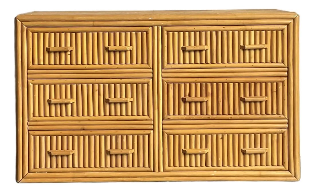 Six Drawer Boho Rattan Dresser with Stacked Reeded Detail 54x18x32.25: Six Drawer Boho Rattan Dresser with Stacked Reeded Detail 54x18x32.25 This vintage six-drawer dresser features a distinctive stacked rattan construction, bringing natural texture and a relaxed Boho ae