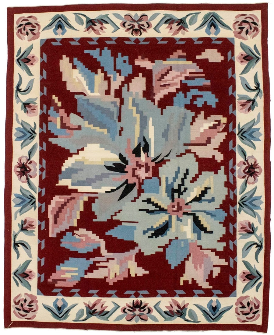 Hand-Hooked Wool Dhurrie Rug 7'9 x 9'9 Floral Modern Design (1 of 12)