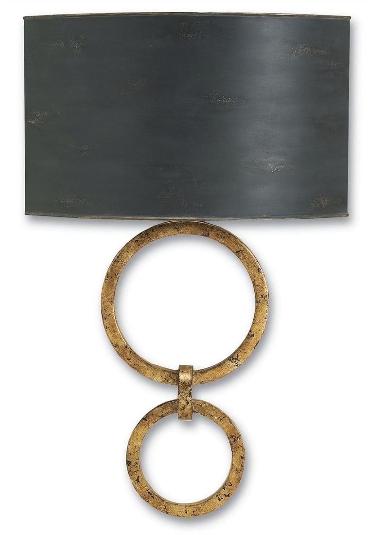 Currey Bolebrook Wall Sconce French Black Gold Leaf Finish: Currey Bolebrook Wall Sconce French Black Gold Leaf Finish Illuminate your space with the elegant Bolebrook Wall Sconce, featuring a sophisticated French Black finish complemented by a gold leaf shade