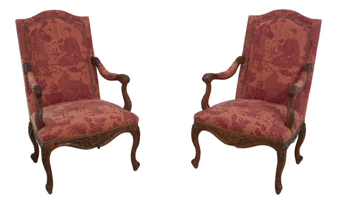 Elegant French Louis XV Chinoiserie Upholstered Armchairs Walnut Finish: Elegant French Louis XV Chinoiserie Upholstered Armchairs Walnut Finish This pair of French Louis XV style armchairs features a stunning Chinoiserie toile upholstery that brings an elegant touch to an