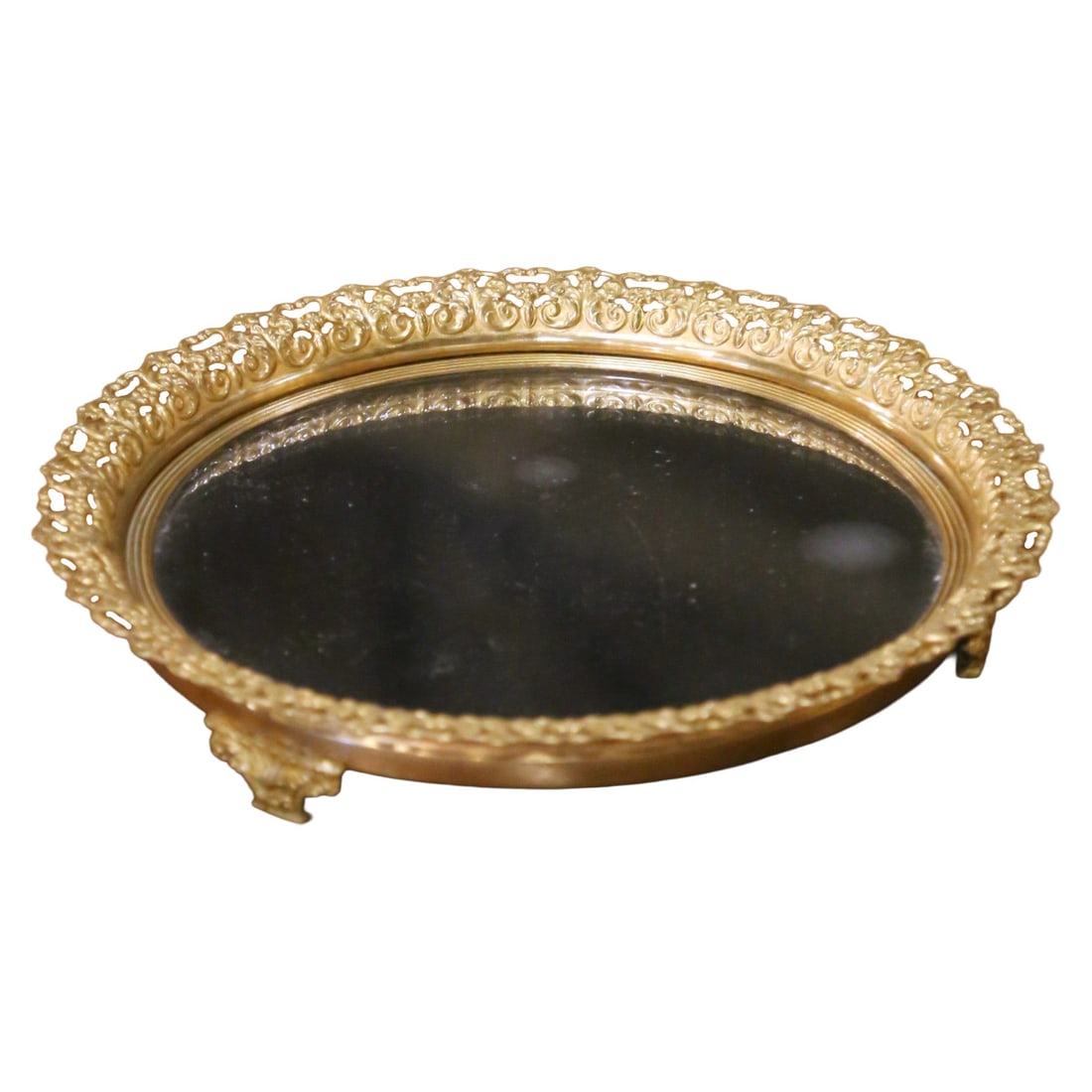 French Louis XVI Style Bronze Plateau with Mercury Glass Mirror Circa 1880: French Louis XVI Style Bronze Plateau with Mercury Glass Mirror Circa 1880 This late 19th-century French plateau is crafted in the Louis XVI style and features a gilt bronze gallery with intricate ope