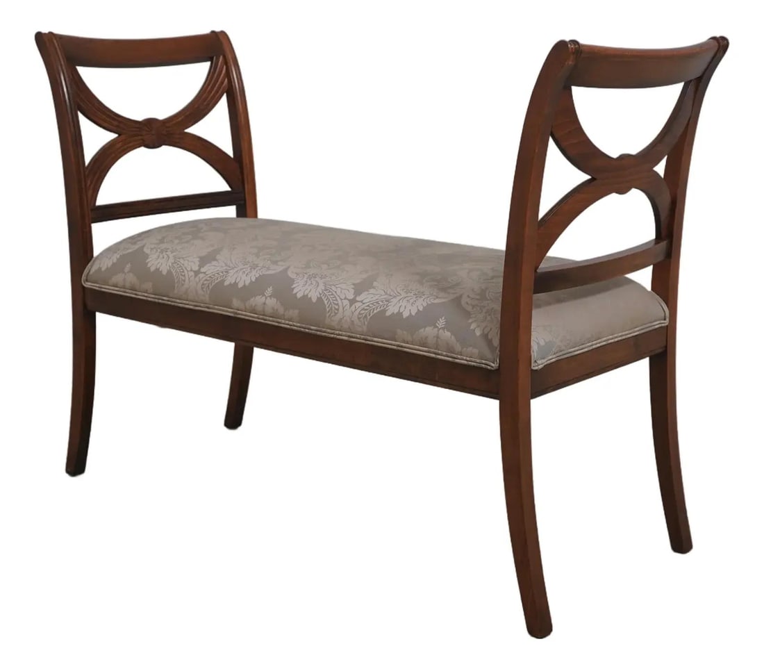 Ethan Allen Regency Bench with Damask Upholstered Seat: Ethan Allen Regency Bench with Damask Upholstered Seat This elegant Regency-style bench features a beautifully upholstered damask seat, showcasing quality craftsmanship and a sophisticated design. Wit
