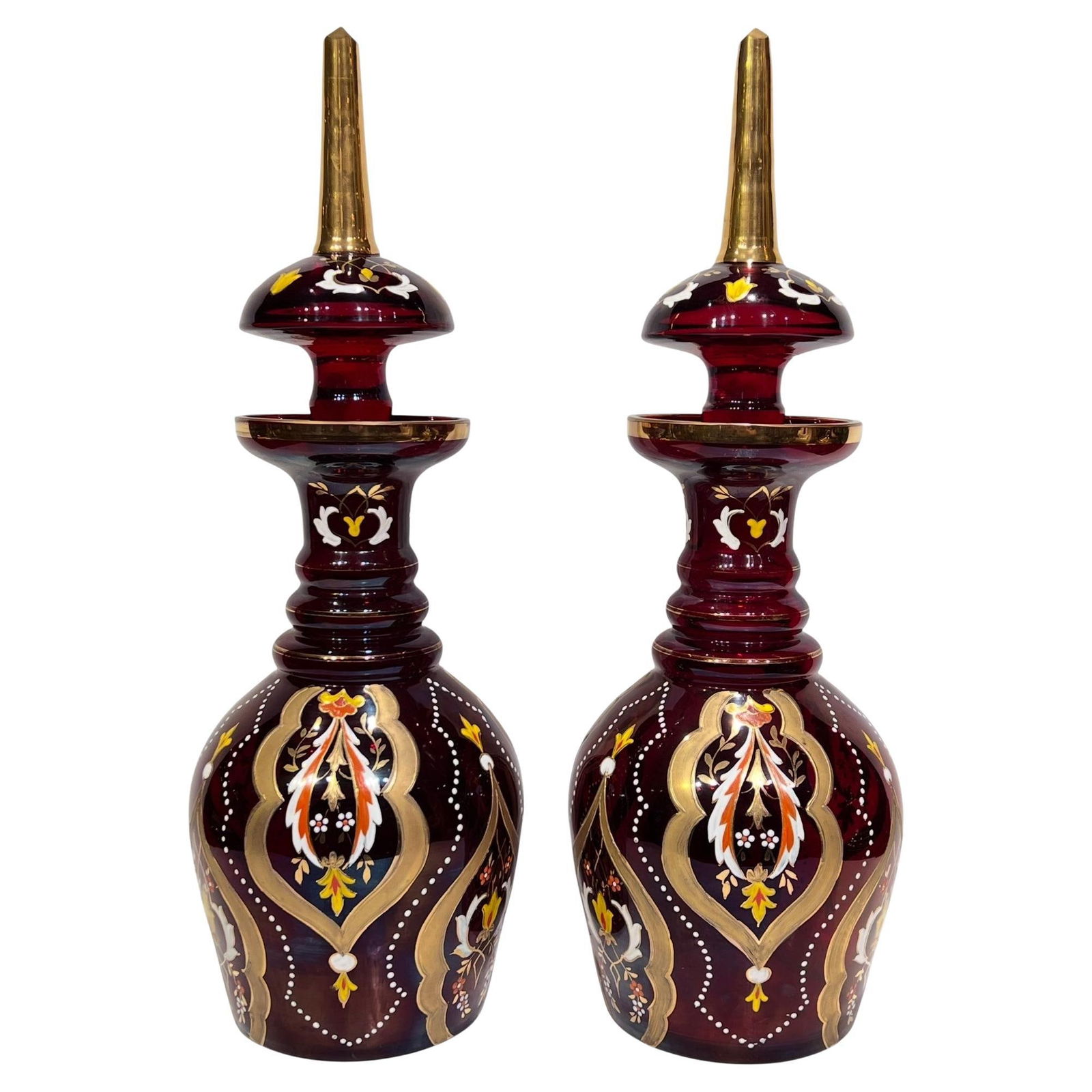Set of 2 Czech Ruby Red Glass Decanters with Gilt and Enamel Decoration (1 of 11)