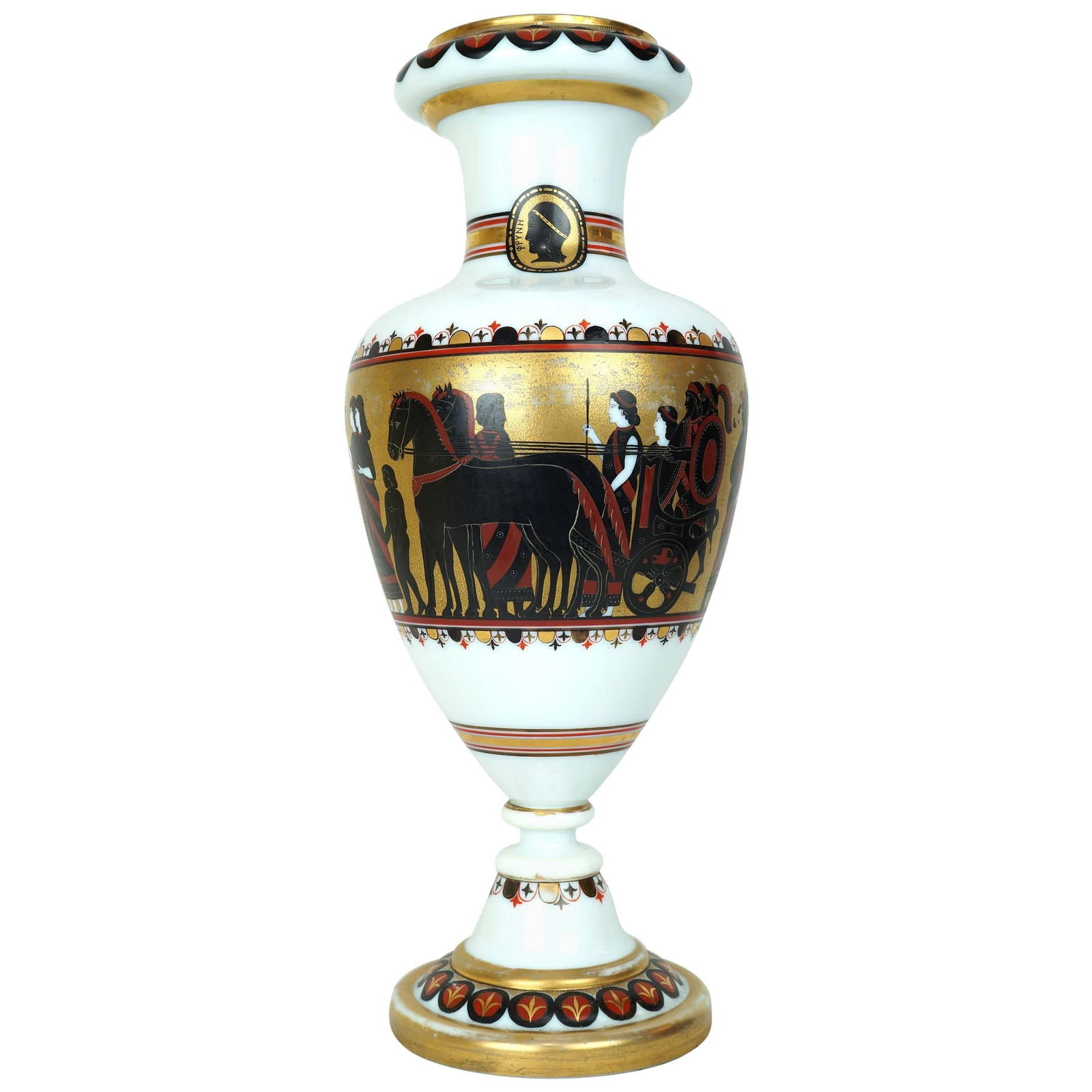 French Neoclassical White Opaline Vase with Gilt Greco-Roman Decorations: French Neoclassical White Opaline Vase with Gilt Greco-Roman Decorations This neoclassical vase from the early 20th century is crafted from milk white opaline glass. It features finely applied gilt ac