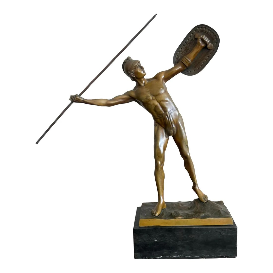 Vintage Bronze Gladiator Statue on Marble Base: Vintage Bronze Gladiator Statue on Marble Base This striking vintage bronze sculpture depicts a gladiator in an intense moment of action, showcasing a classical warrior mid-throw with a spear and shie