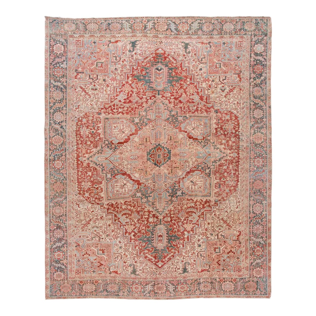 11'8 x 14'6 Persian Heriz Red Wool Rug with Central Medallion Design: 11'8 x 14'6 Persian Heriz Red Wool Rug with Central Medallion Design This antique Persian Heriz rug is hand-knotted from wool and features a striking medallion motif set against a vibrant red backgrou