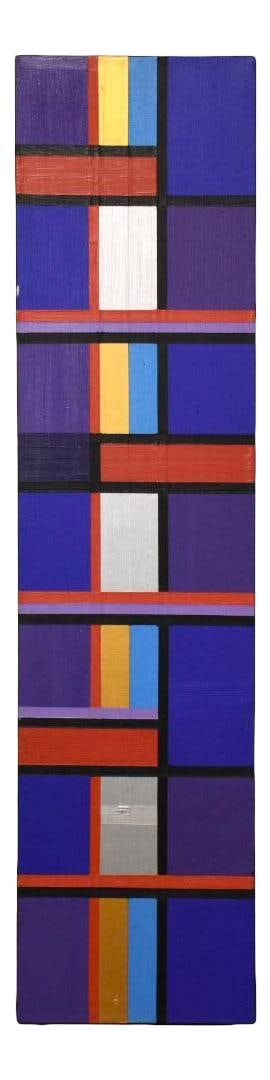 Geometric Abstract Painting by Robert Gallagher in Blue: Geometric Abstract Painting by Robert Gallagher in Blue This stunning geometric abstract painting by Robert Gallagher features bright colors and crisp, clean lines. The artwork showcases deep, rich sh