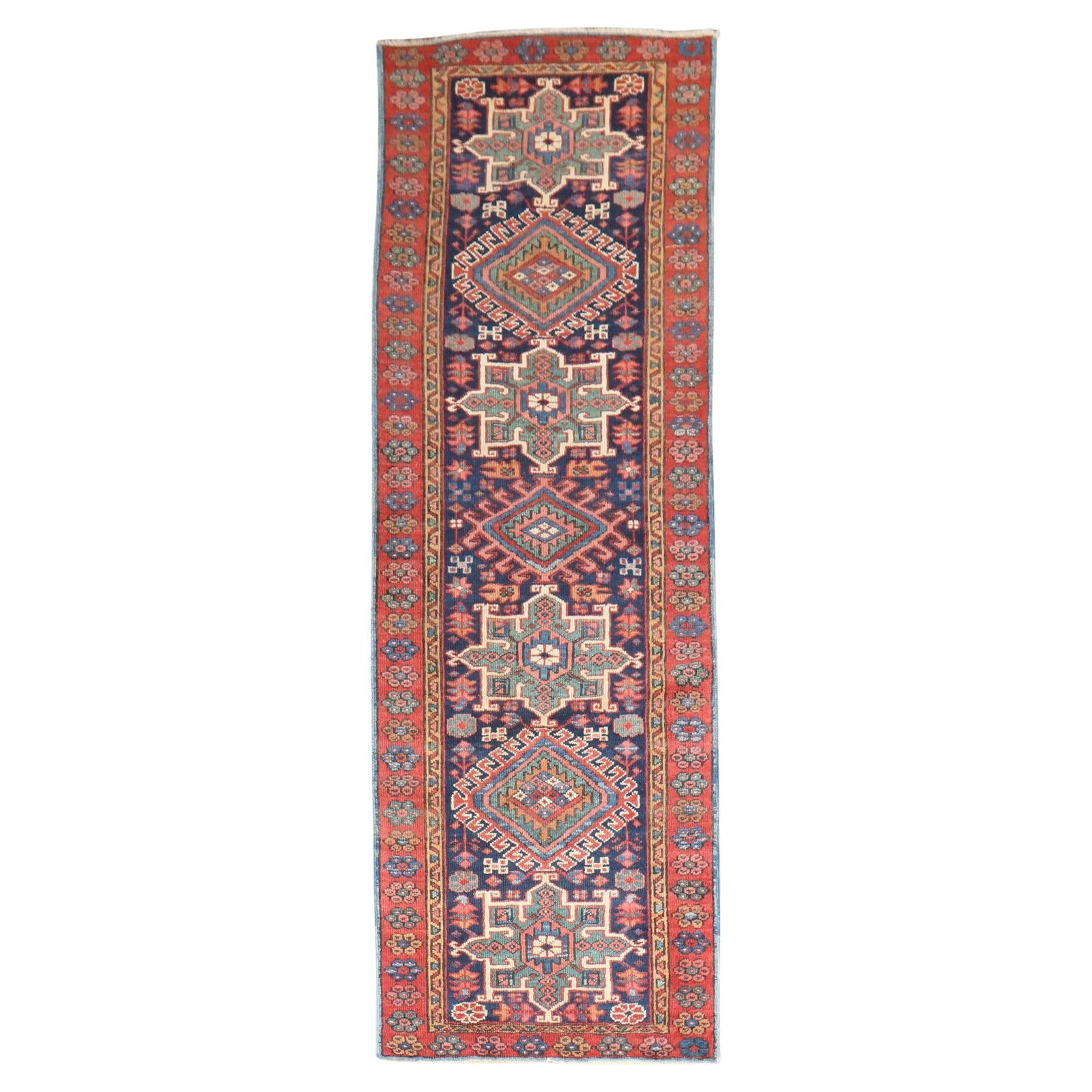 Antique Persian Heriz Runner Hand-Knotted Wool Navy Blue 2'10 x 9': Antique Persian Heriz Runner Hand-Knotted Wool Navy Blue 2'10 x 9' This exquisite Antique Navy Blue Heriz runner showcases a captivating geometric design, beautifully crafted from hand-knotted wool. O