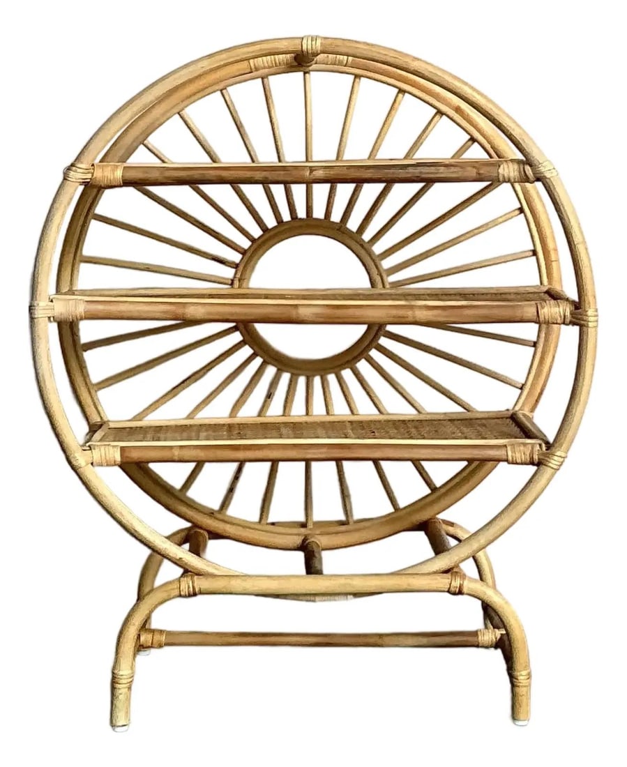 Midcentury Rattan Tabletop Etagere with Cane Shelves Bohemian Display Shelf: Midcentury Rattan Tabletop Etagere with Cane Shelves Bohemian Display Shelf This vintage Boho rattan table top etagere features a captivating circular frame and two cane-woven shelves, providing an el