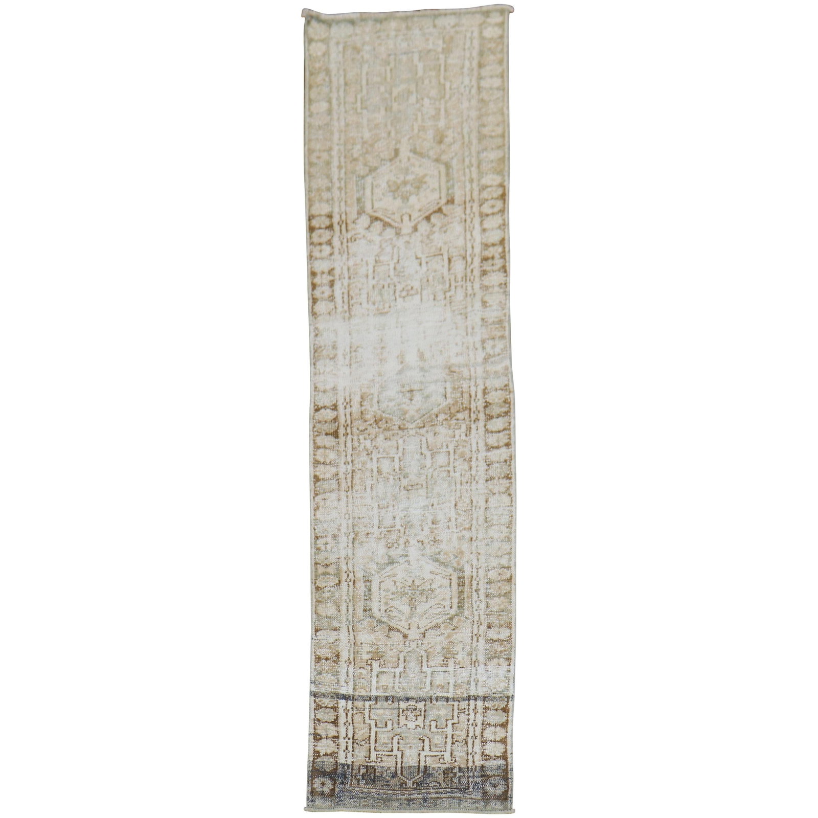 Unique Hand-Knotted Persian Heriz Runner 22in x 91in Rustic Wool: Unique Hand-Knotted Persian Heriz Runner 22in x 91in Rustic Wool This unique distressed Persian Heriz runner features a classic traditional geometric design, showcasing neutral colors that complement