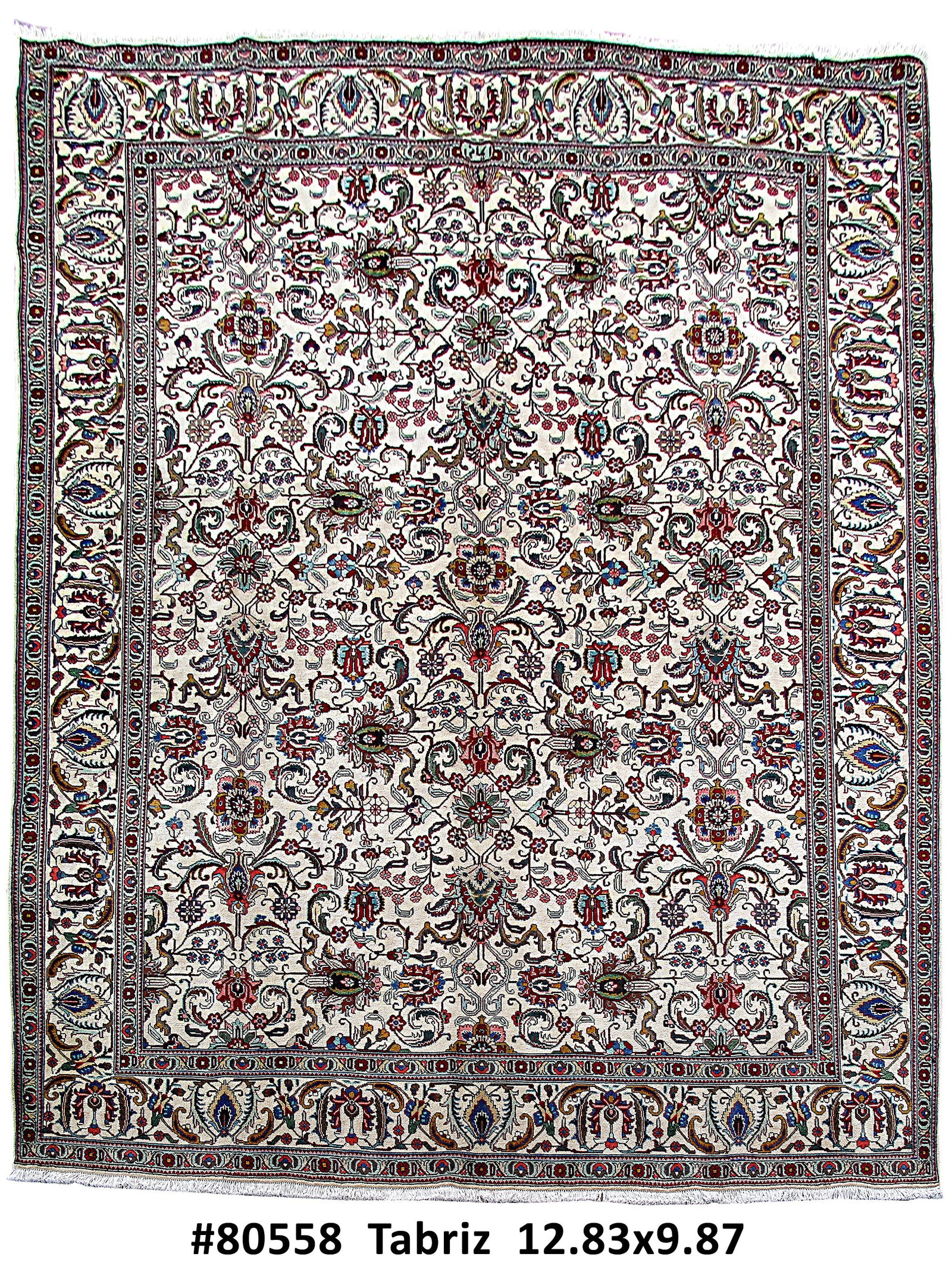 9'11 x 12'10 Handcrafted Ivory Persian Tabriz Rug from Iran: 9'11 x 12'10 Handcrafted Ivory Persian Tabriz Rug from Iran Free continental US Shipping Transform your living space with this exquisite 9' 11" x 12' 10" Traditional Persian Ivory Tabriz Rug, a true t