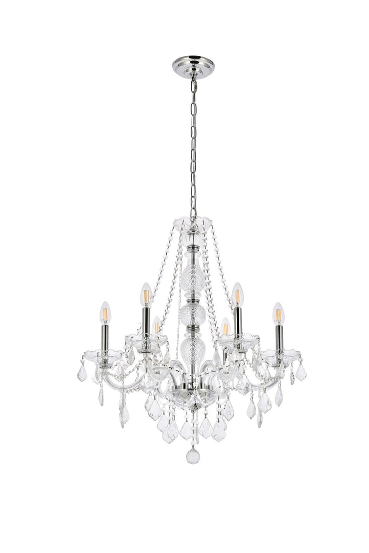 Verona 6-Light Chrome Crystal Pendant Light 28in: Verona 6-Light Chrome Crystal Pendant Light 28in Enhance your living space with this elegant Verona 6-Light Chandelier, featuring a stunning combination of clear glass and chrome finish, adorned with