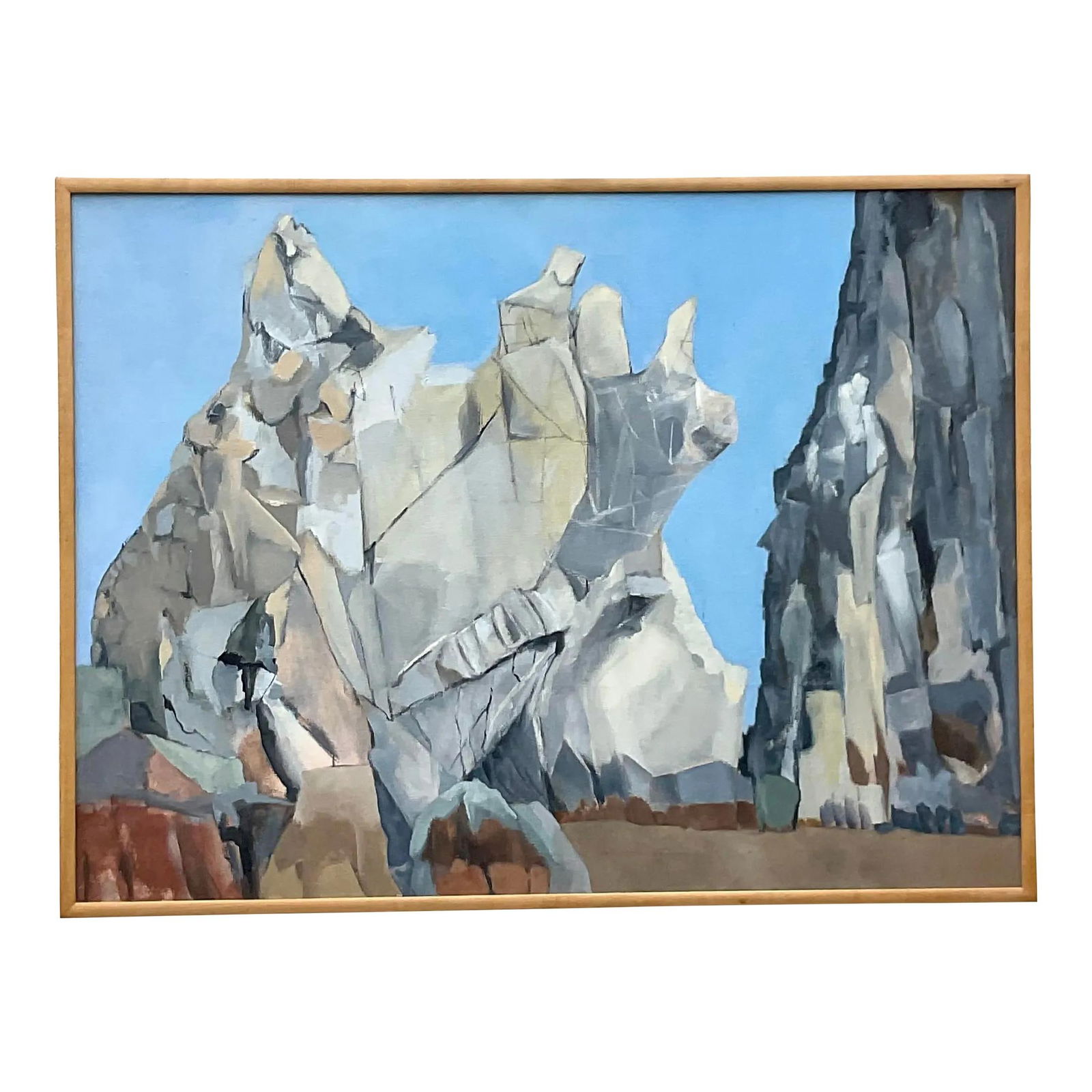 Vintage Boho Modernist Landscape Oil Painting 49.5x37.25 Sky Blue: Vintage Boho Modernist Landscape Oil Painting 49.5x37.25 Sky Blue Elevate your decor with this Vintage Boho Modernist Landscape Oil on Canvas Painting. This captivating piece merges bohemian flair wit