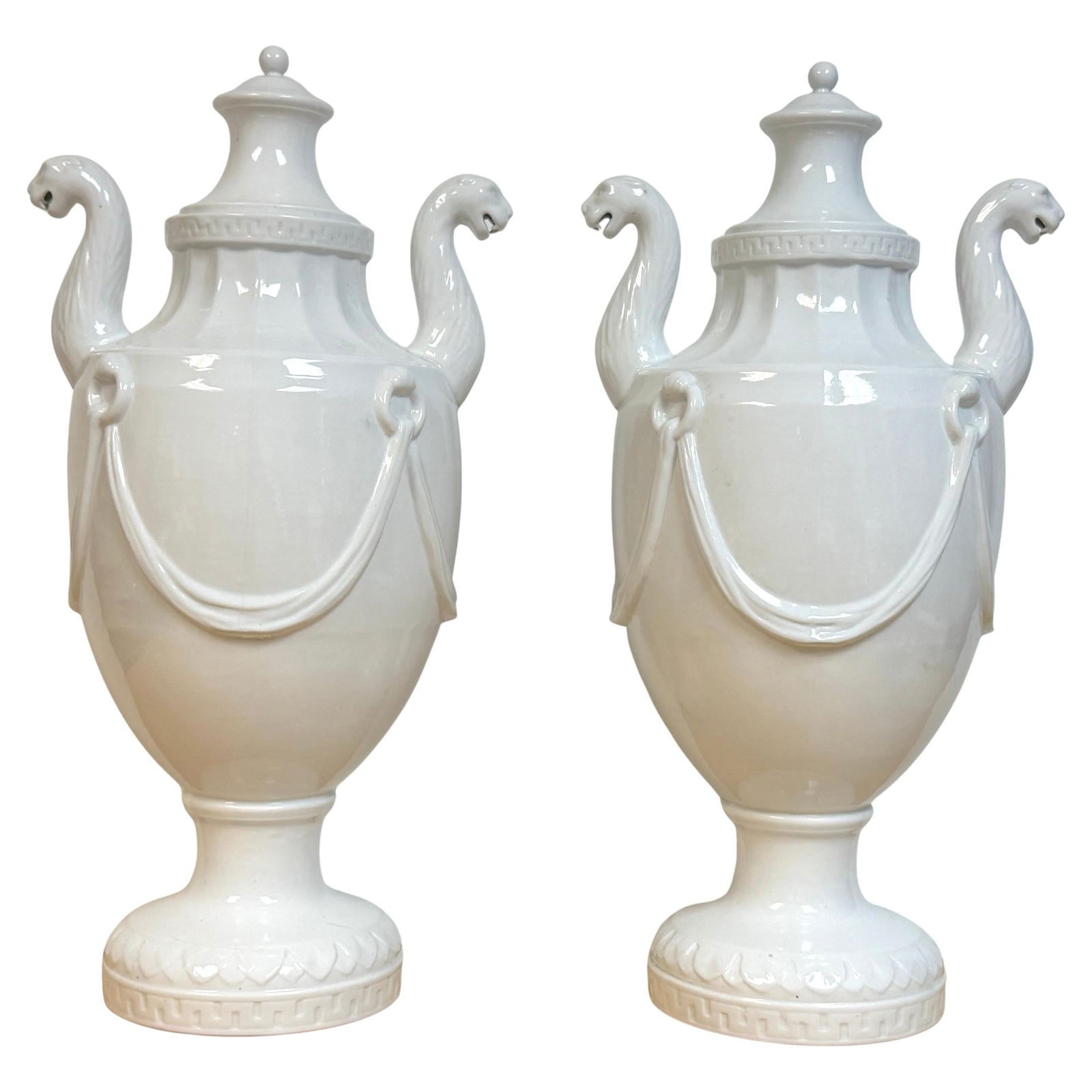 Set of 4 Neoclassical Nymphenburg Blanc de Chine Urns with Lids: Set of 4 Neoclassical Nymphenburg Blanc de Chine Urns with Lids This exquisite pair of Neoclassical Blanc de Chine porcelain urns, attributed to the Nymphenburg manufactory, showcases the refined scul