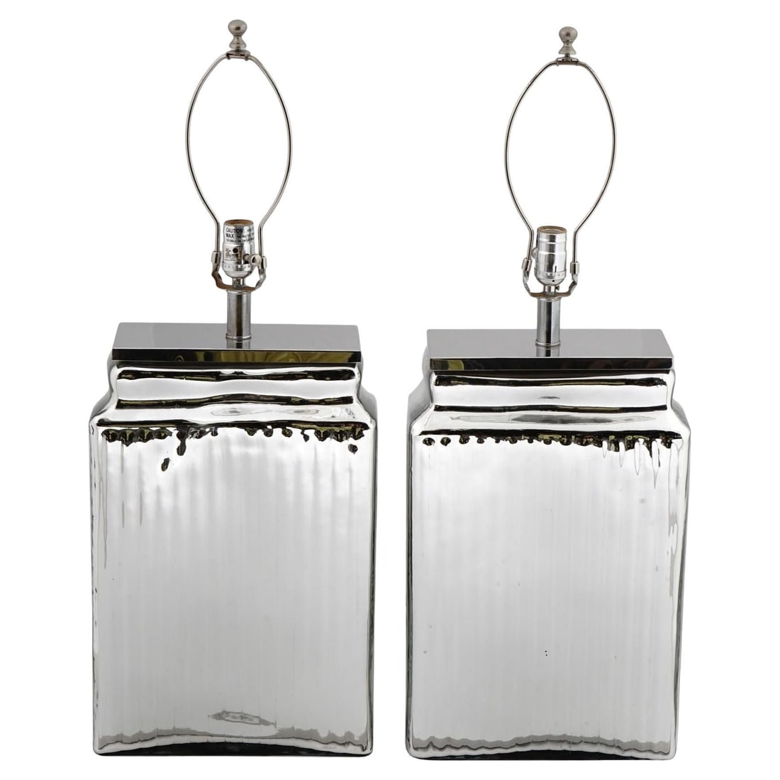 Set of Two Mid-Century Modern Mercury Glass Rectangular Table Lamps: Set of Two Mid-Century Modern Mercury Glass Rectangular Table Lamps This pair of vintage mercury glass table lamps features a striking rectangular form with subtle ribbed sides and chrome plated hardw