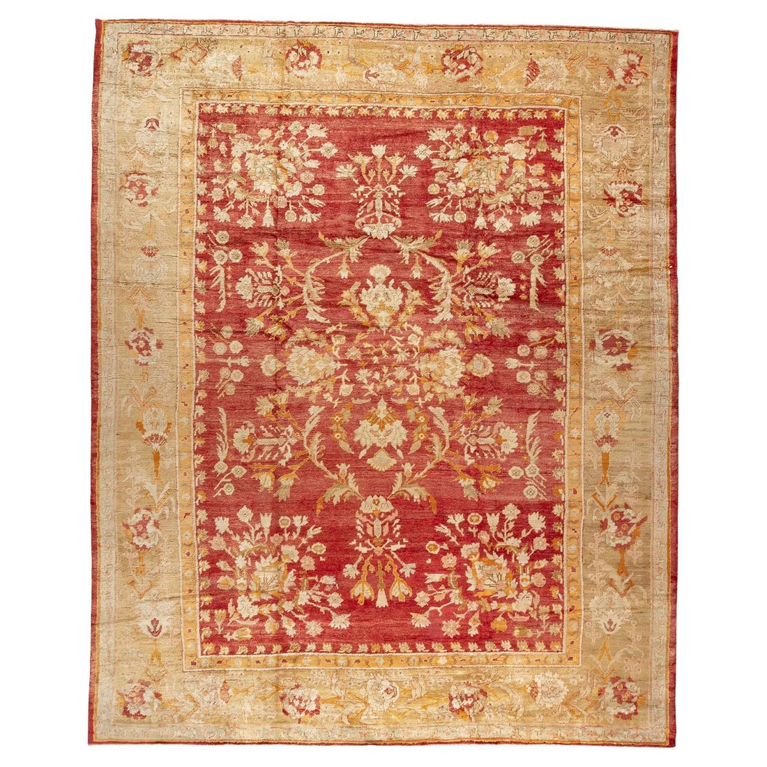 Circa 1900 Red Angora Oushak Rug Hand-Knotted Turkey 12 x 14'10: Circa 1900 Red Angora Oushak Rug Hand-Knotted Turkey 12 x 14'10 This stunning Zabihi Collection Red Angora Antique Oushak Rug is a remarkable piece from the early 20th century, dating back to circa 19