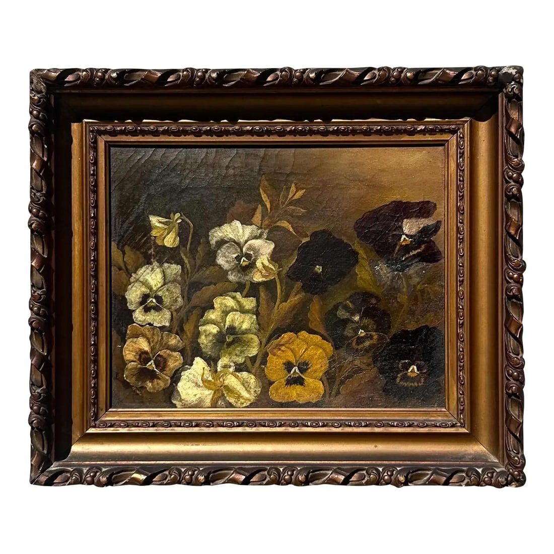 Framed Floral Oil Painting Bouquet on Canvas in Bronze-Gilt Boho Frame: Framed Floral Oil Painting Bouquet on Canvas in Bronze-Gilt Boho Frame This vintage still life oil painting on canvas features a rich bouquet of velvety pansies in deep maroon, ochre, gold, and creamy