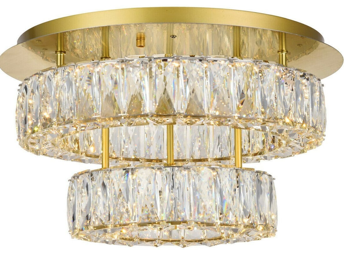 Monroe Gold Crystal Flush Mount Chandelier 17.7 inch Modern LED Lighting: Monroe Gold Crystal Flush Mount Chandelier 17.7 inch Modern LED Lighting Illuminate your space with this stunning Monroe LED Flush Mount Chandelier, designed in a modern contemporary style. This elega