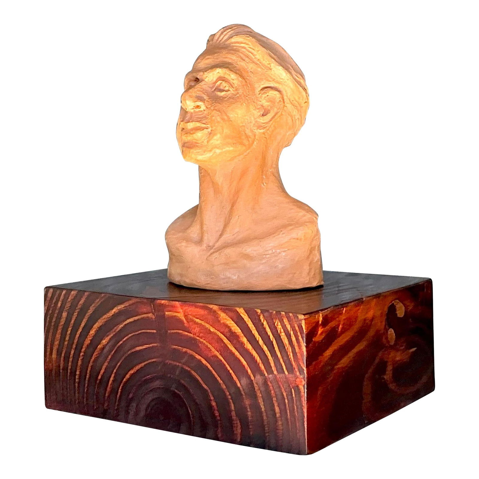 Vintage Boho Terracotta Man Bust on Wooden Base: Vintage Boho Terracotta Man Bust on Wooden Base Enhance your decor with this exquisite vintage Boho terracotta bust of a man. This beautifully sculpted piece features lifelike facial expressions and e